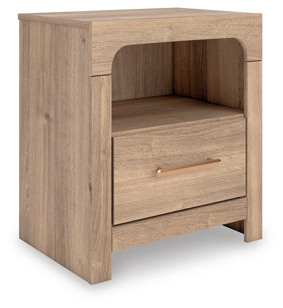 Kinlanni Upholstered Panel Bed, Dresser and Nightstand