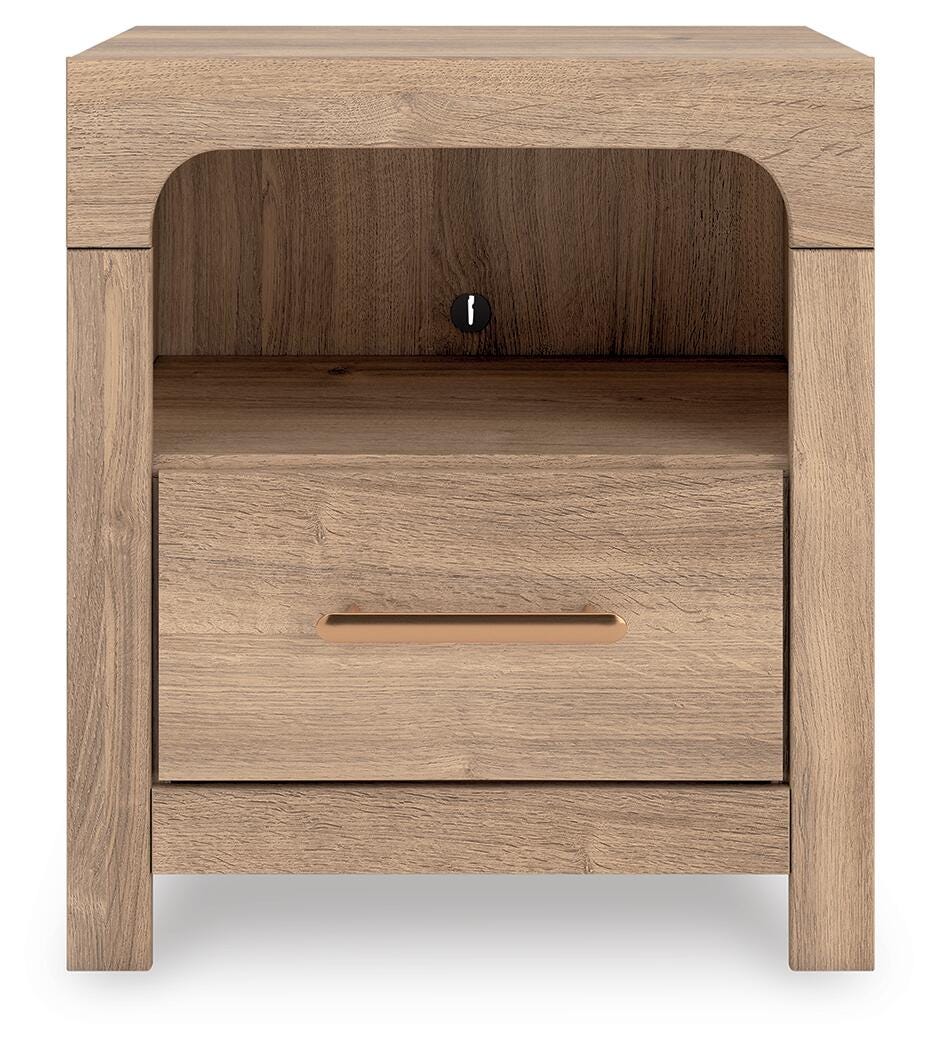 Kinlanni Upholstered Platform Bed, Dresser and Nightstand