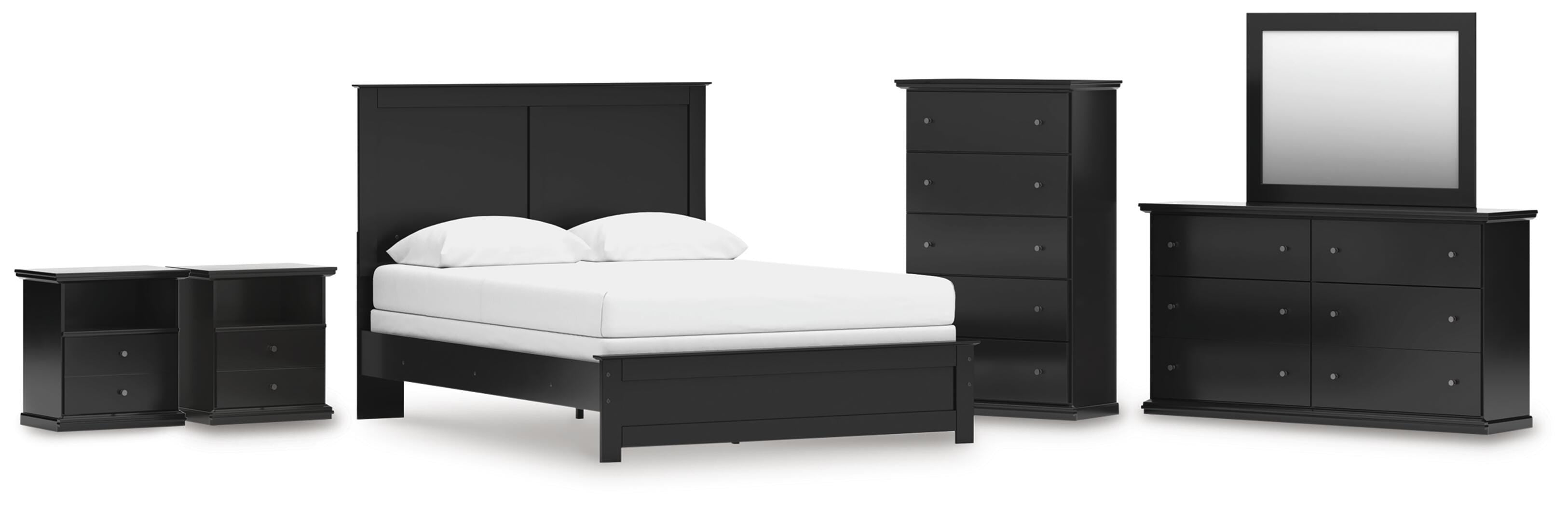 Maribel Panel Bed, Dresser, Mirror, Chest and 2 Nightstands
