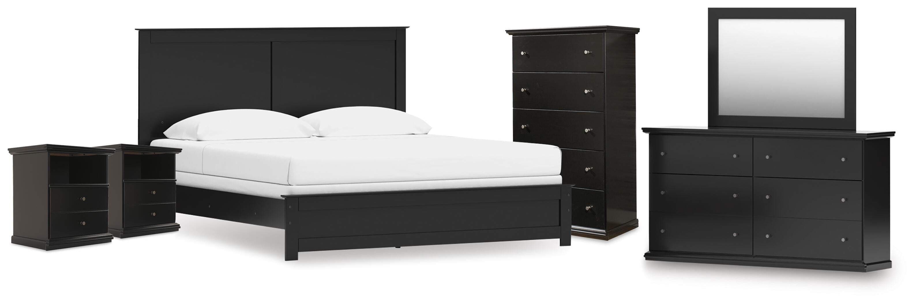 Maribel Panel Bed, Dresser, Mirror, Chest and 2 Nightstands