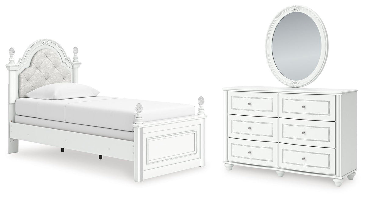 Kozlani Upholstered Panel Bed, Dresser and Mirror