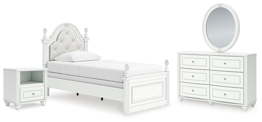 Kozlani Upholstered Panel Bed, Dresser, Mirror and Nightstand