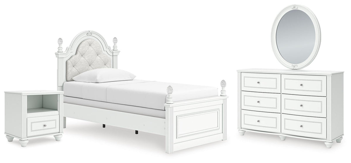 Kozlani Upholstered Panel Bed, Dresser, Mirror and Nightstand