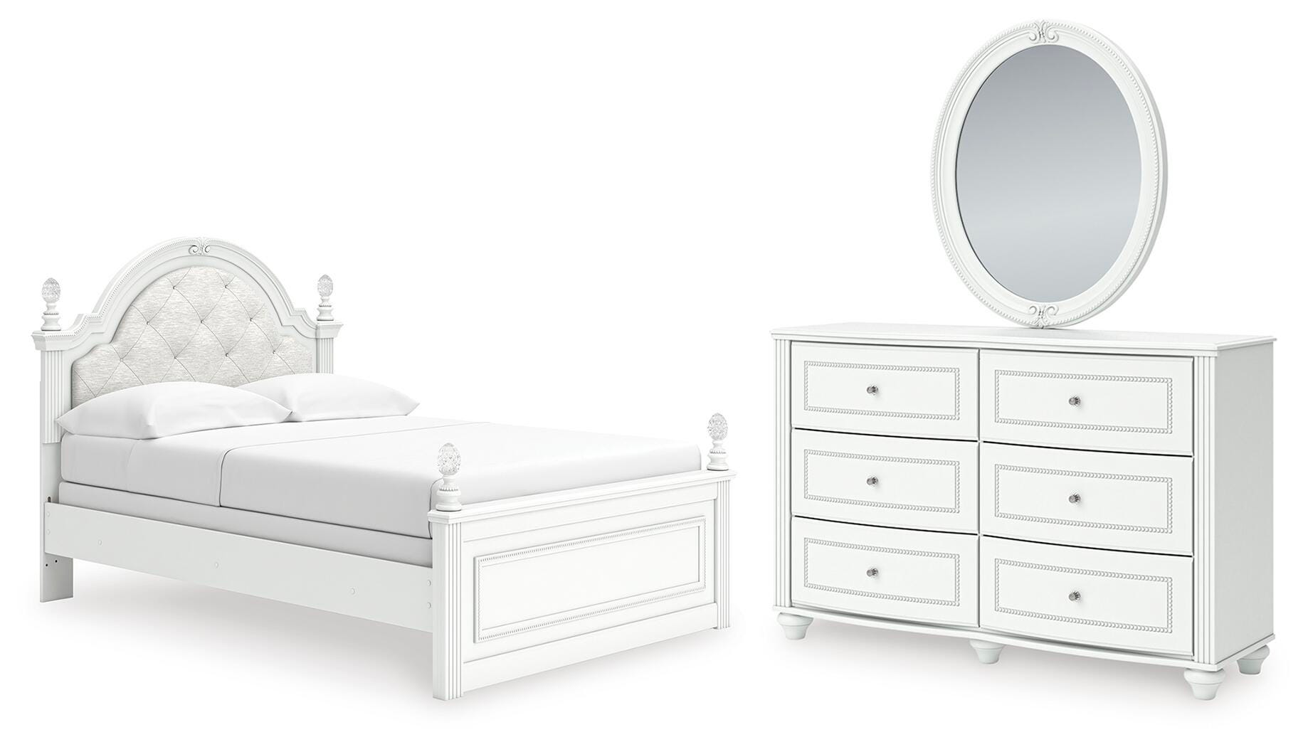 Kozlani Upholstered Panel Bed, Dresser and Mirror