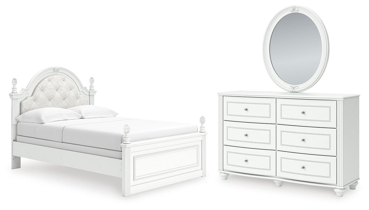 Kozlani Upholstered Panel Bed, Dresser and Mirror