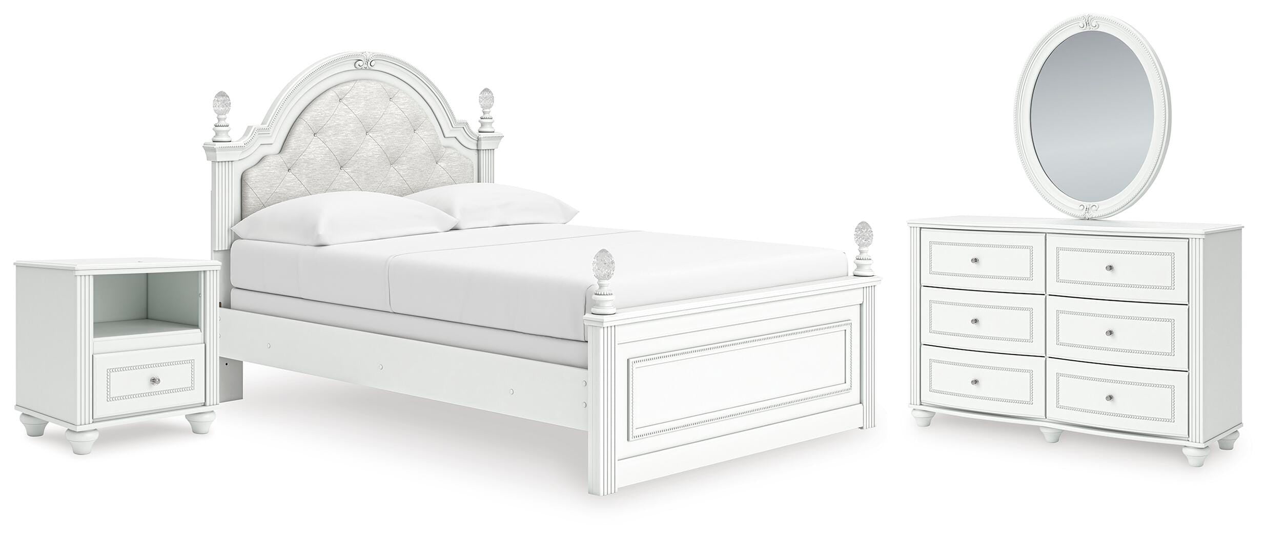 Kozlani Upholstered Panel Bed, Dresser, Mirror and Nightstand