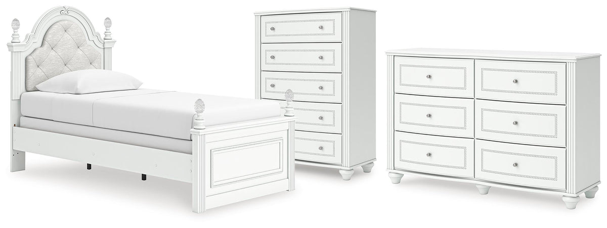 Kozlani Upholstered Panel Bed, Dresser and Chest