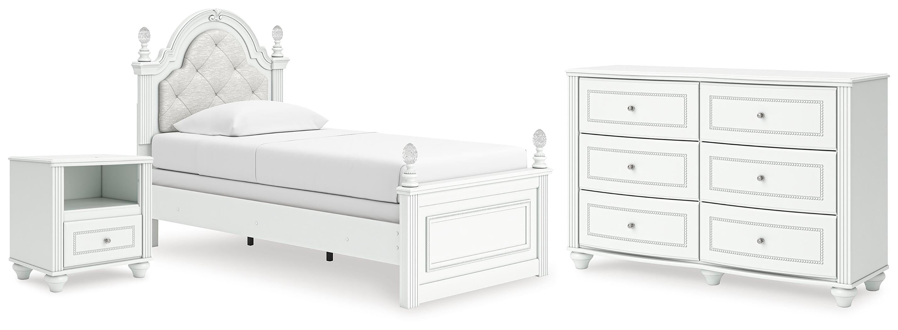 Kozlani Upholstered Panel Bed, Dresser and Nightstand