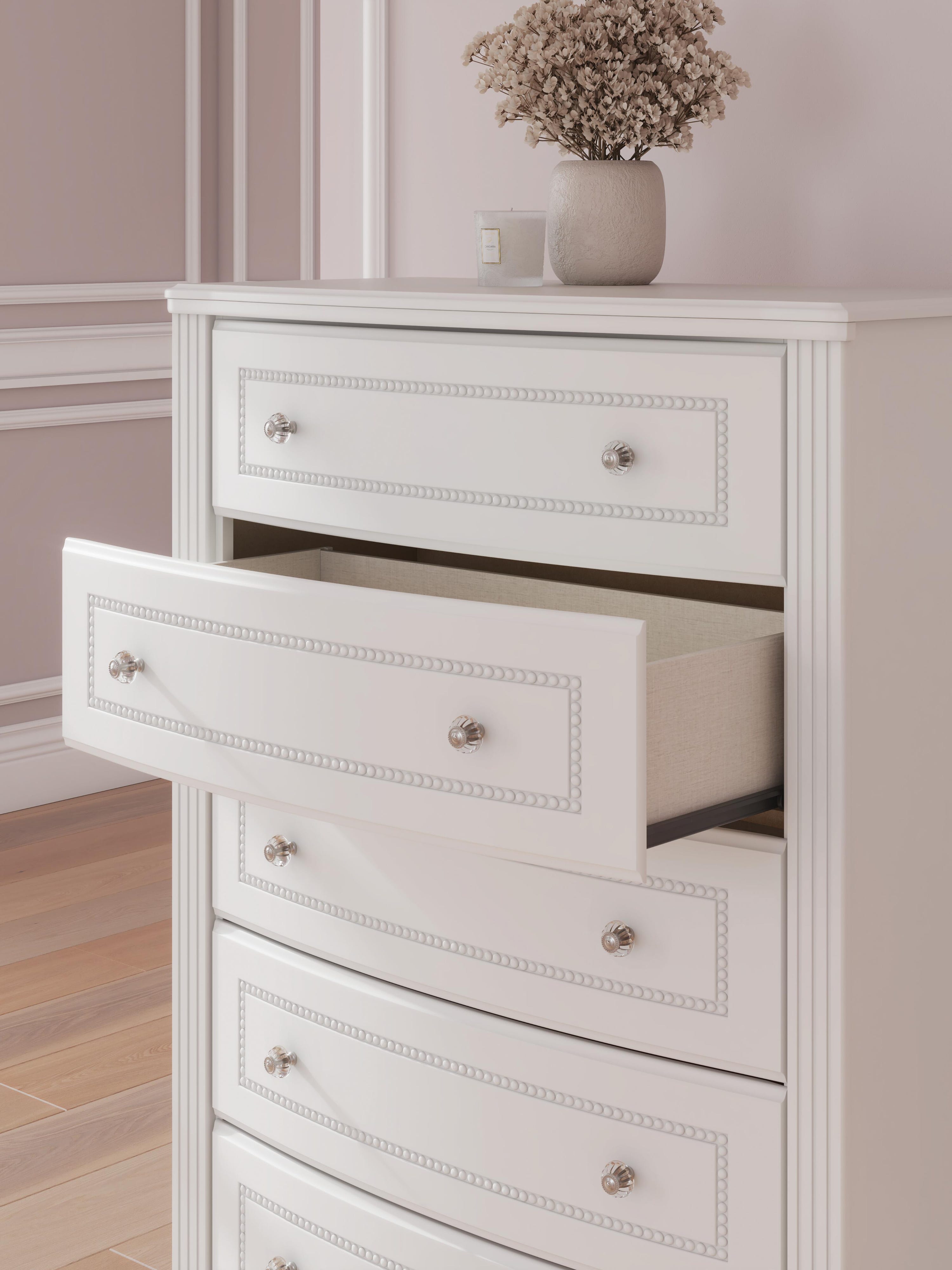 Kozlani Upholstered Panel Bed, Dresser and Chest