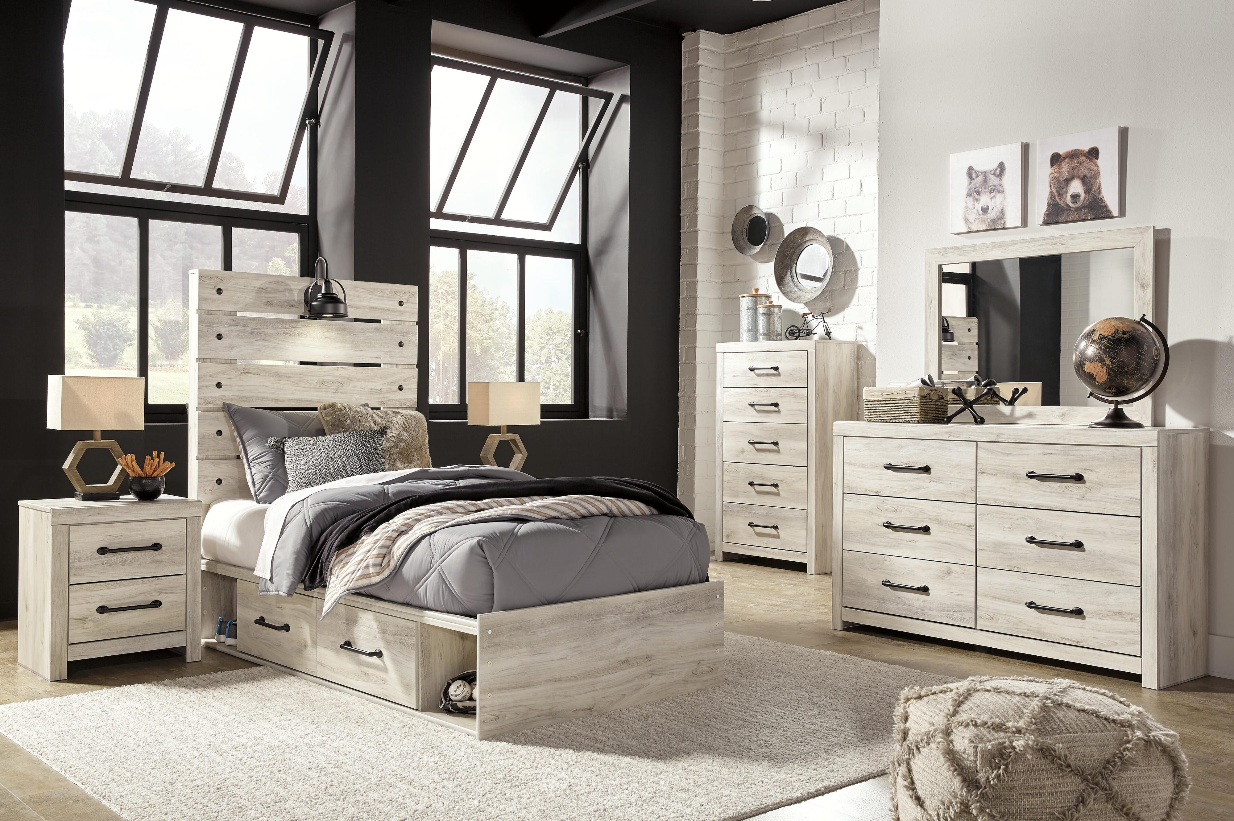 Cambeck Panel Bed with 2 Storage Drawers with Mirrored Dresser, Chest and 2 Nightstands