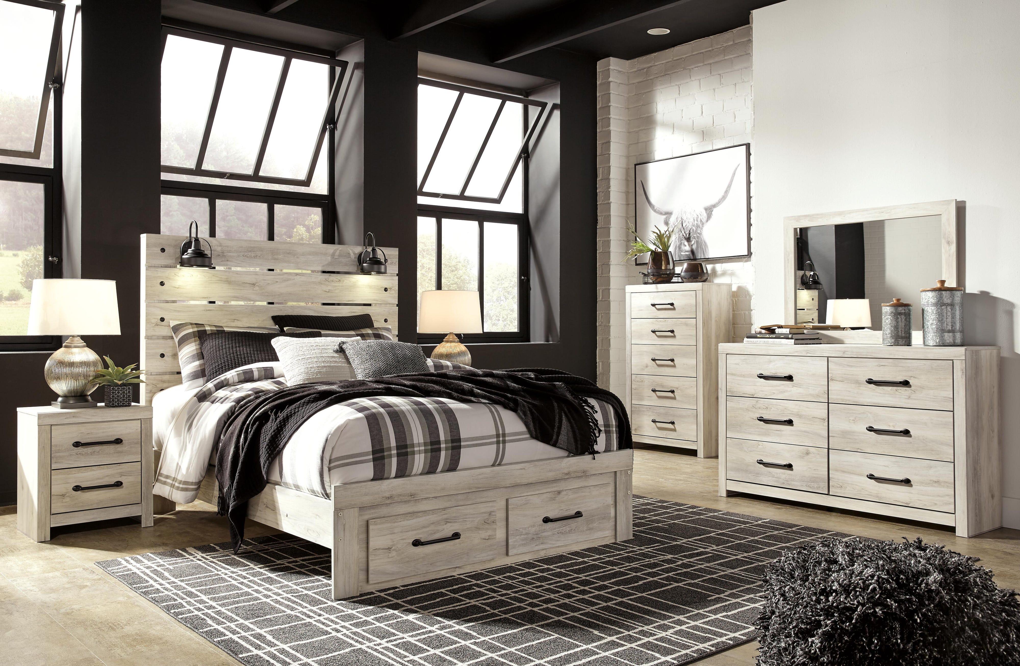 Cambeck Panel Bed with 2 Storage Drawers with Mirrored Dresser, Chest and Nightstand