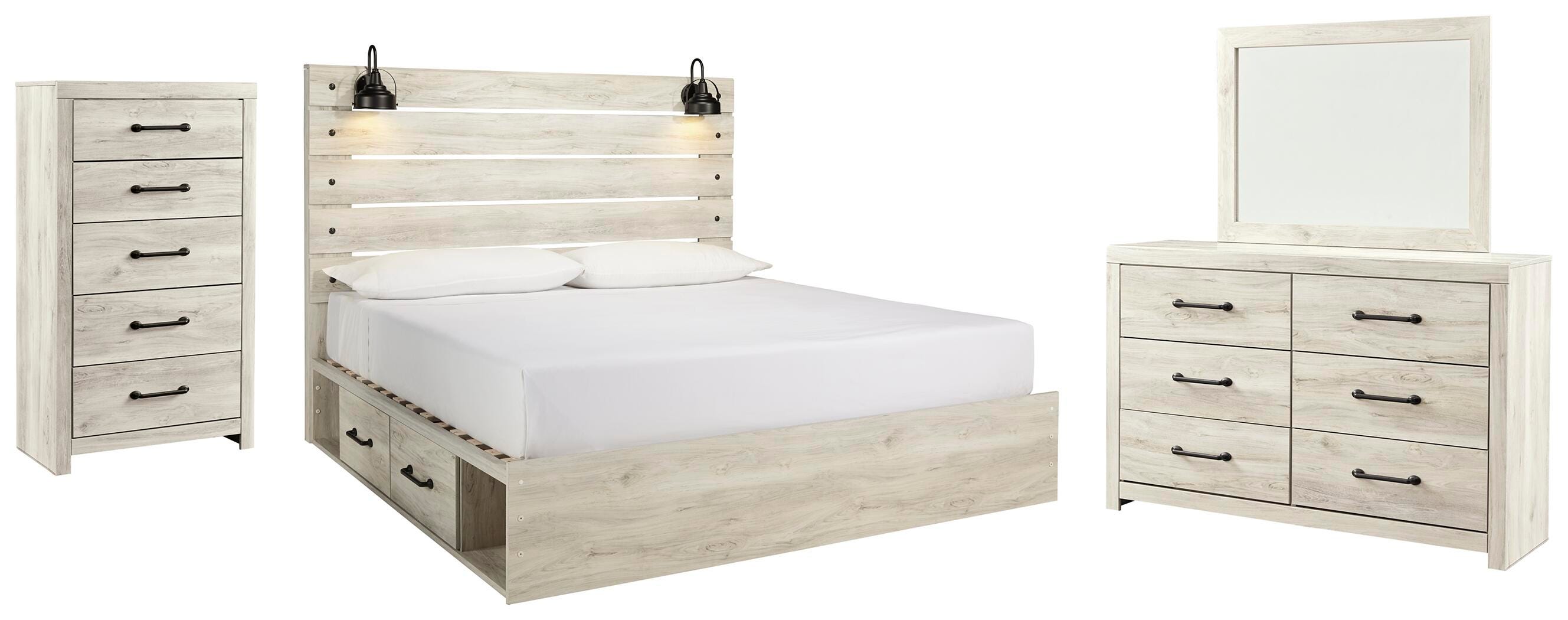 Cambeck Panel Bed with 2 Storage Drawers with Mirrored Dresser and Chest
