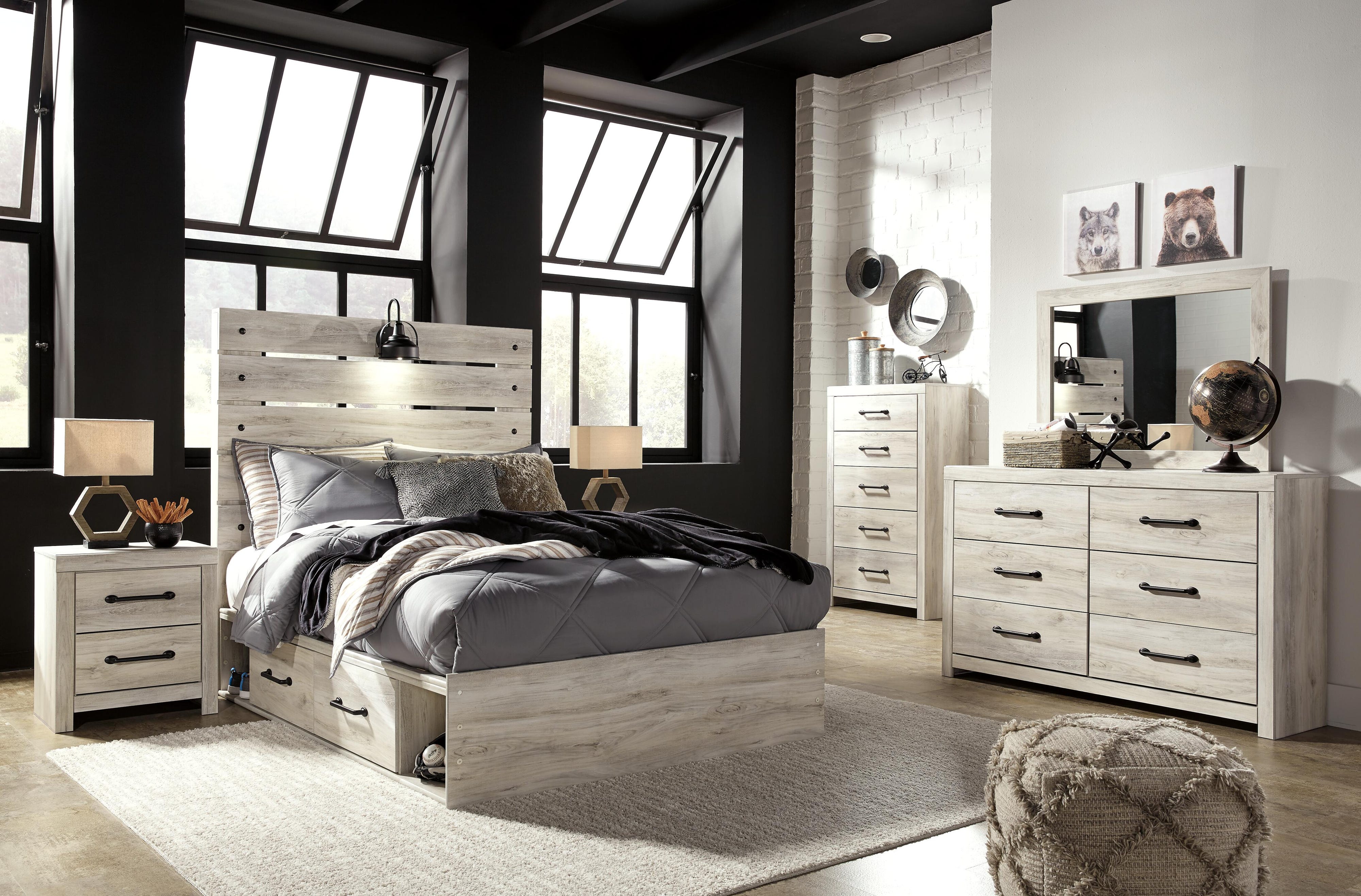 Cambeck Panel Bed with 4 Storage Drawers with Mirrored Dresser, Chest and 2 Nightstands