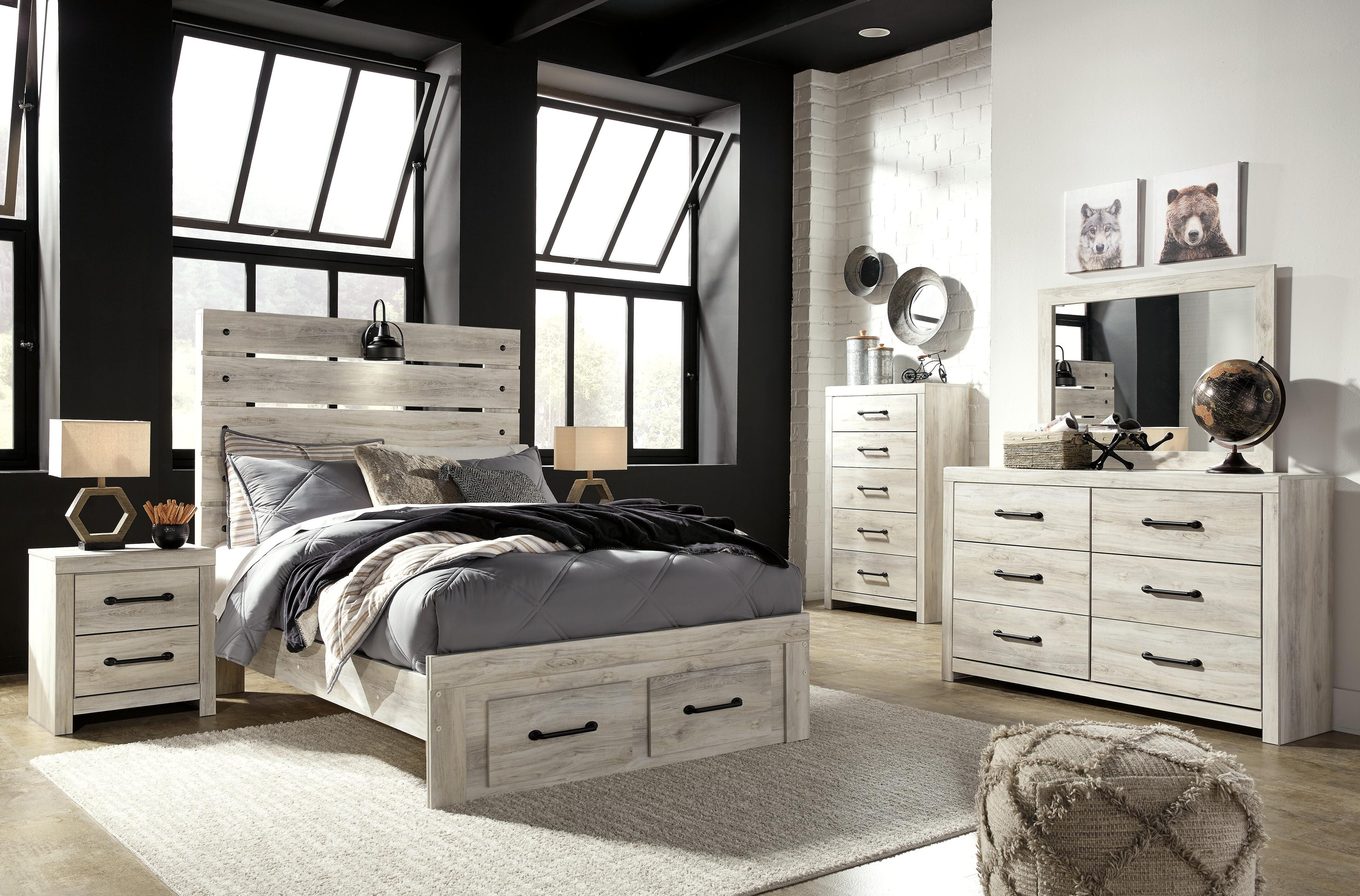 Cambeck Panel Bed with 2 Storage Drawers with Mirrored Dresser, Chest and Nightstand