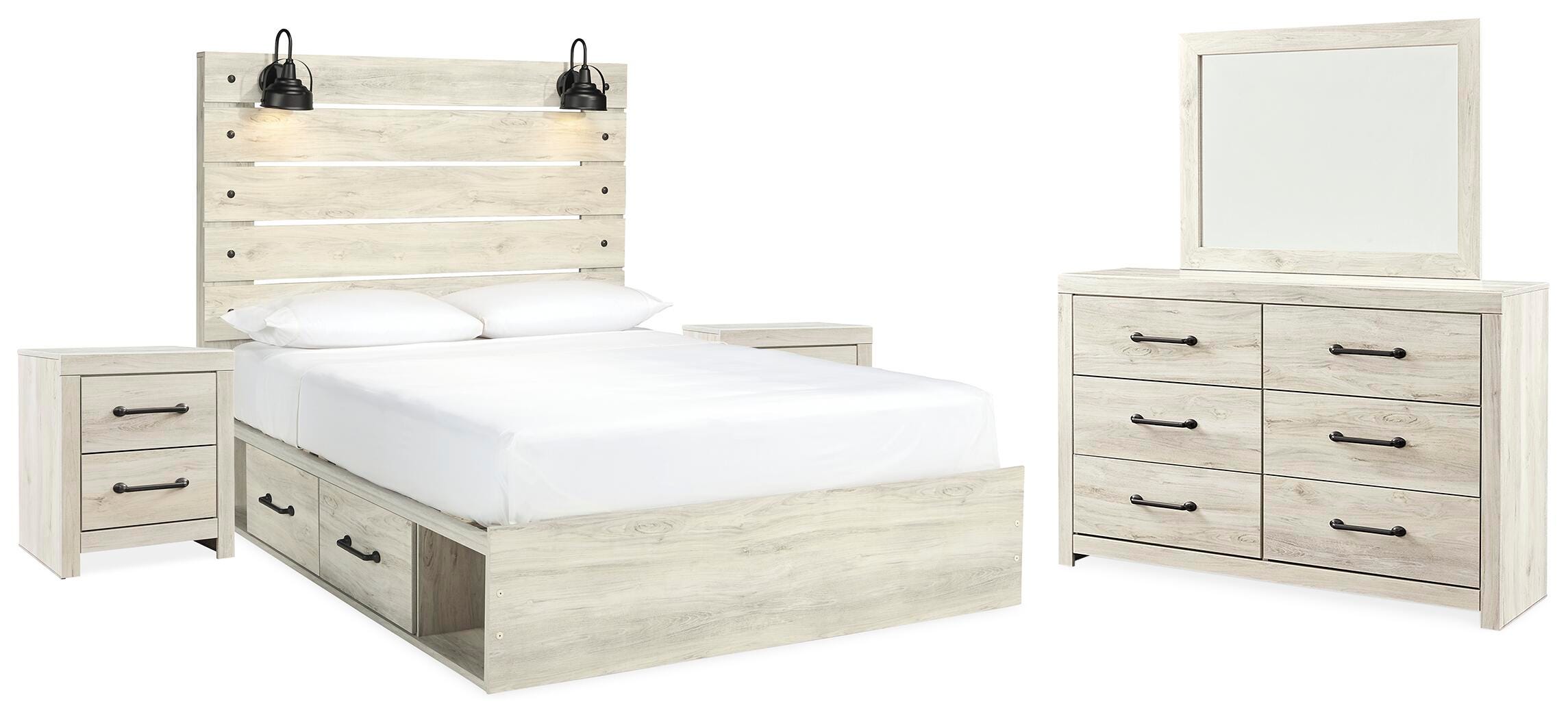 Cambeck Panel Bed with Storage, Dresser, Mirror and 2 Nightstands