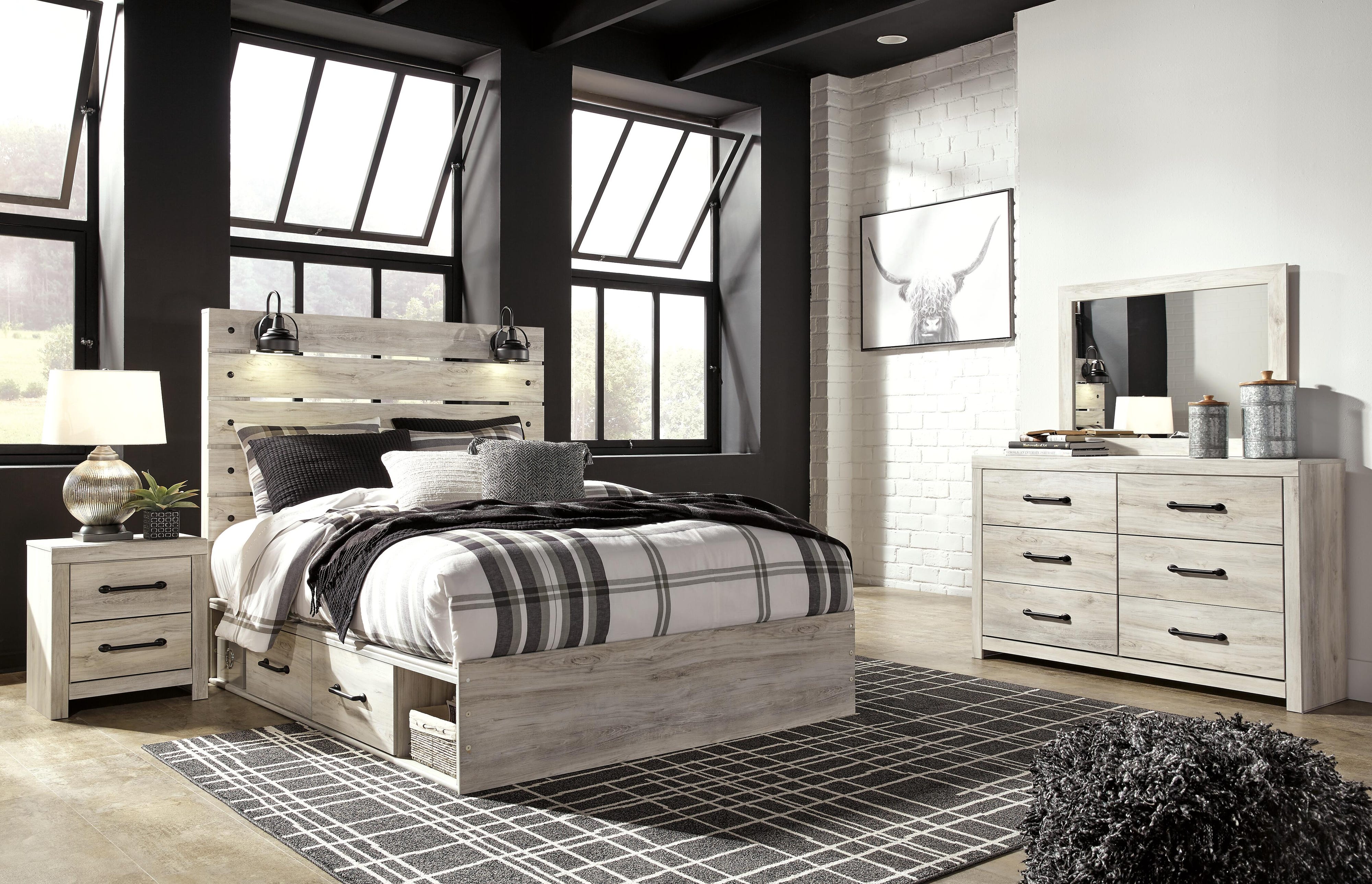 Cambeck Panel Bed with Storage, Dresser, Mirror and Nightstand