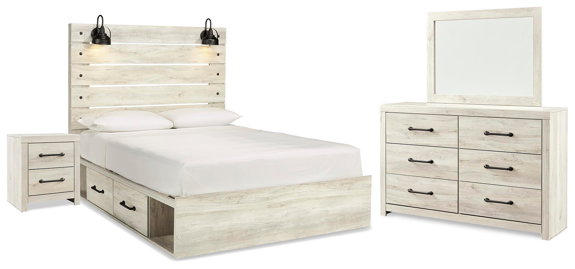 Cambeck Panel Bed with Storage, Dresser, Mirror and Nightstand