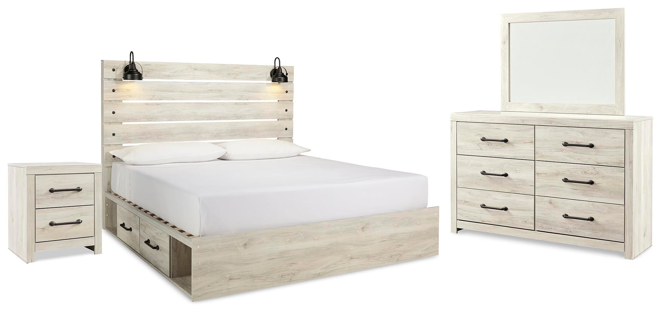 Cambeck Panel Bed with 2 Storage Drawers with Mirrored Dresser and Nightstand
