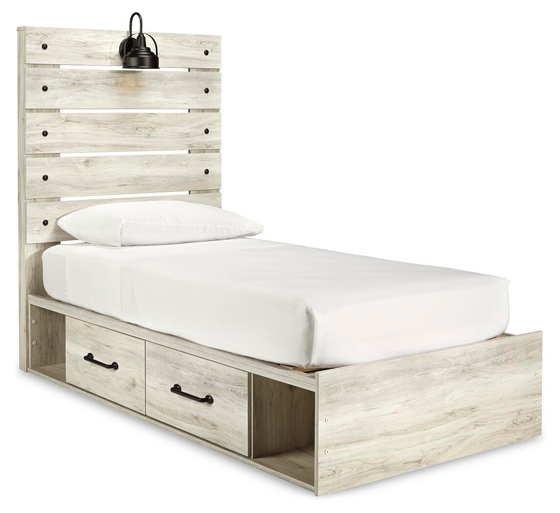 Cambeck Panel Bed with 4 Storage Drawers with Mirrored Dresser, Chest and Nightstand