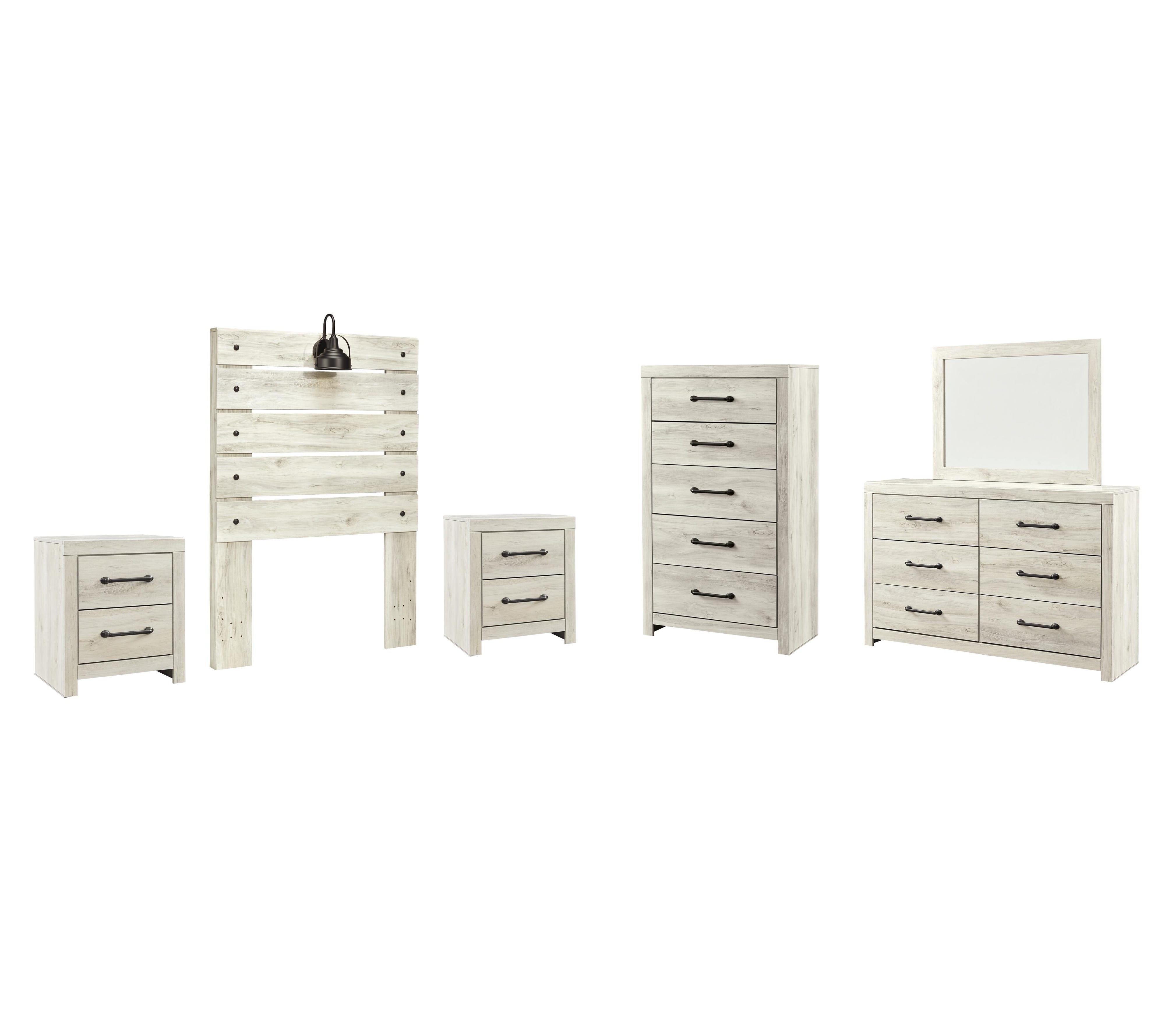 Cambeck Panel Headboard with Mirrored Dresser, Chest and 2 Nightstands