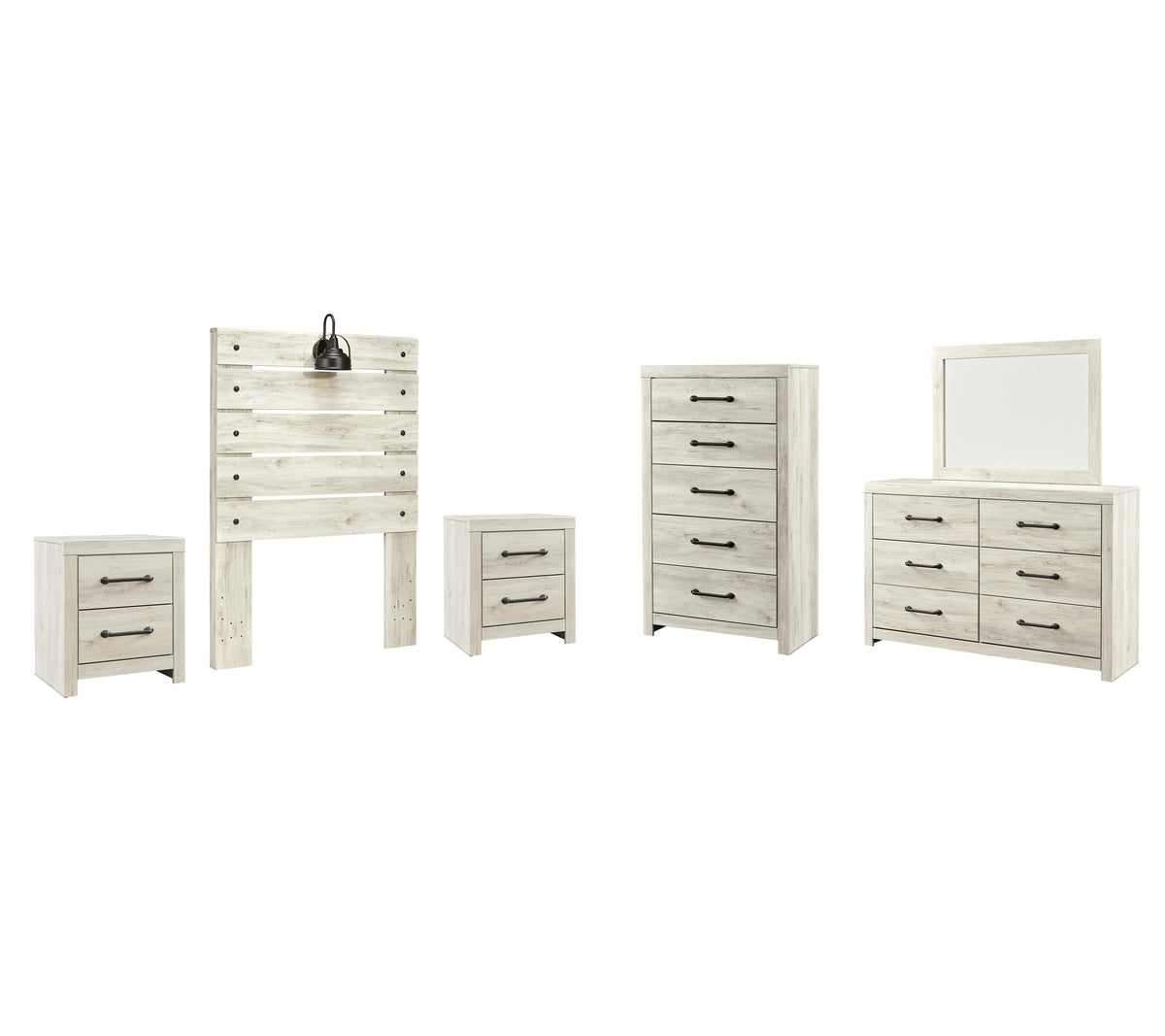 Cambeck Panel Headboard with Mirrored Dresser, Chest and 2 Nightstands