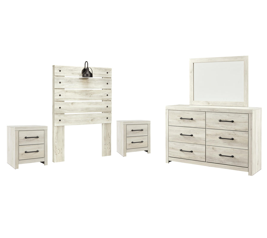 Cambeck Panel Headboard with Mirrored Dresser and 2 Nightstands