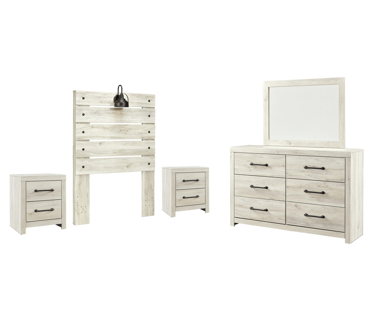Cambeck Panel Headboard with Mirrored Dresser and 2 Nightstands