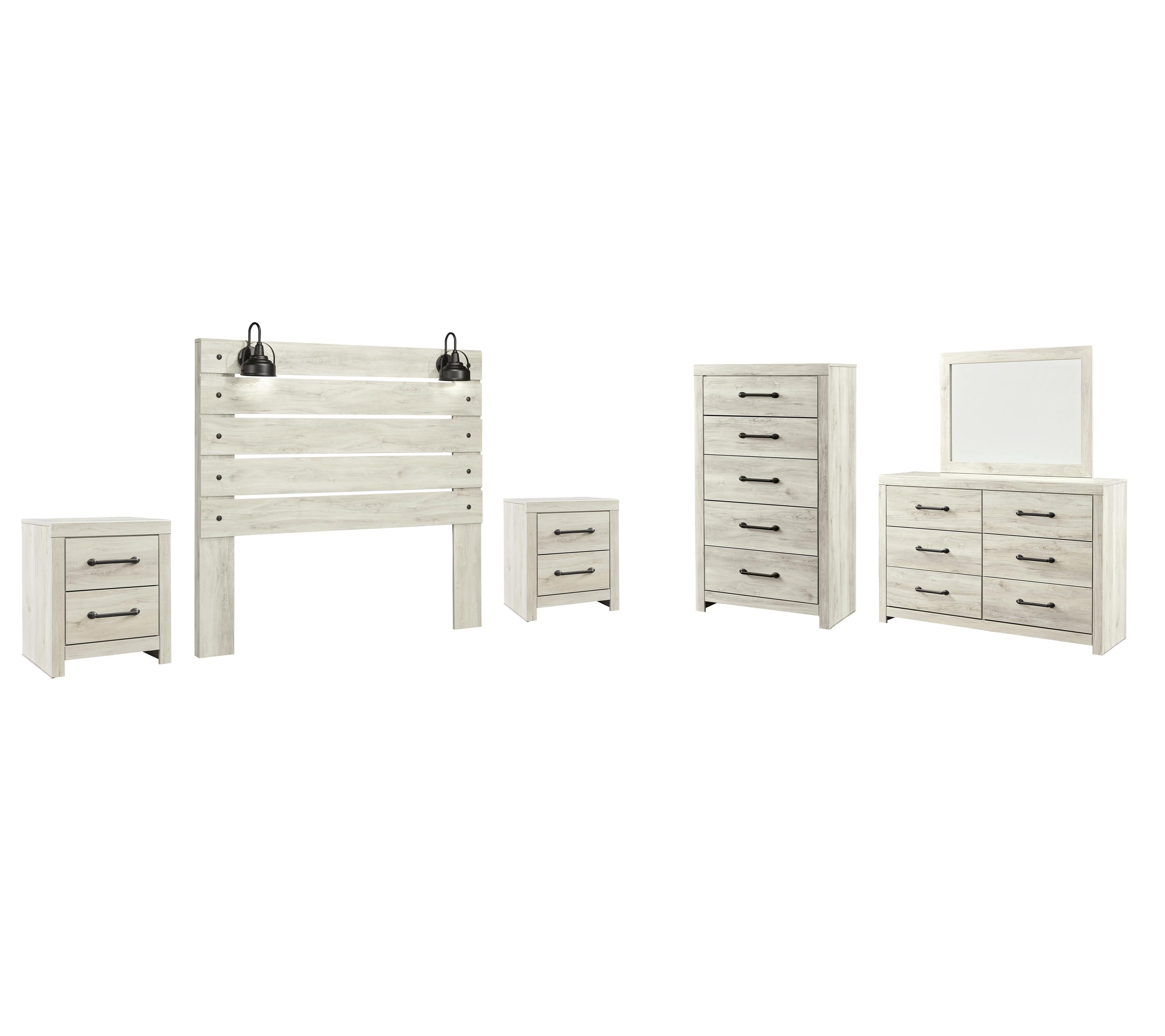 Cambeck Panel Headboard with Mirrored Dresser, Chest and 2 Nightstands