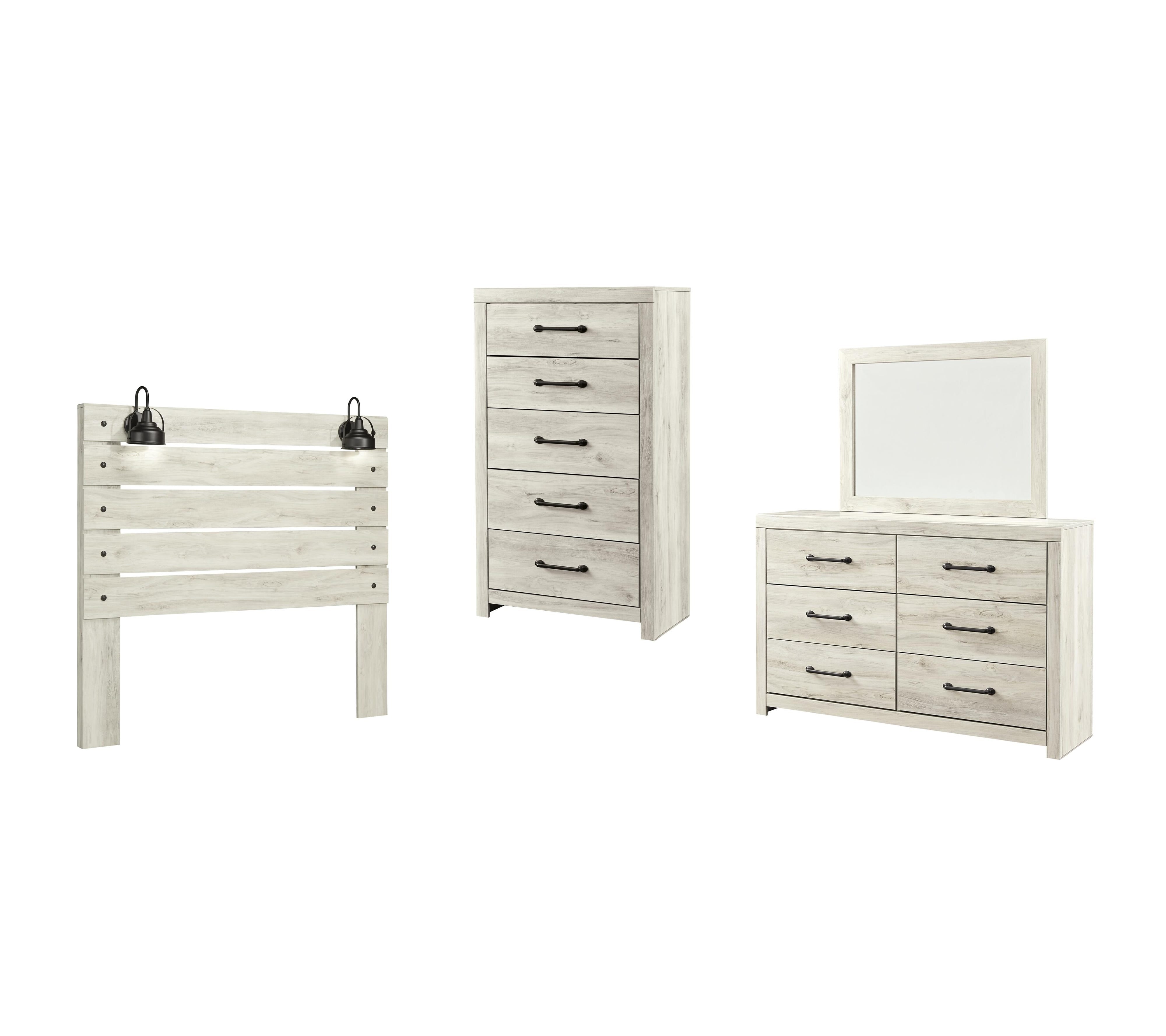 Cambeck Panel Headboard with Mirrored Dresser and Chest