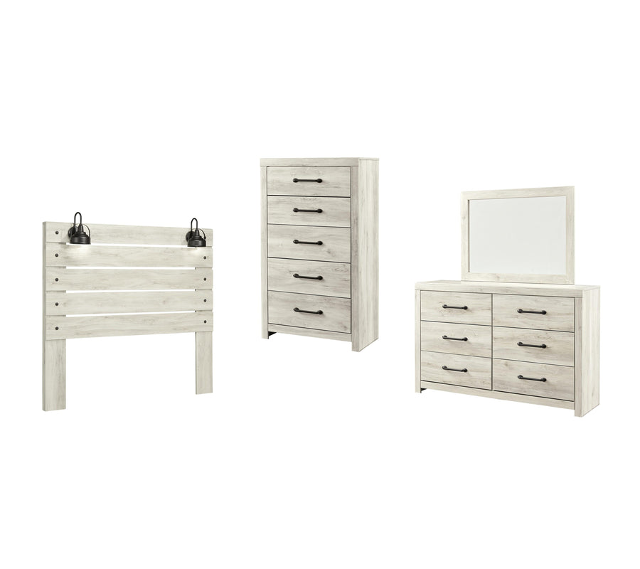 Averly Panel Headboard with Mirrored Dresser and Chest