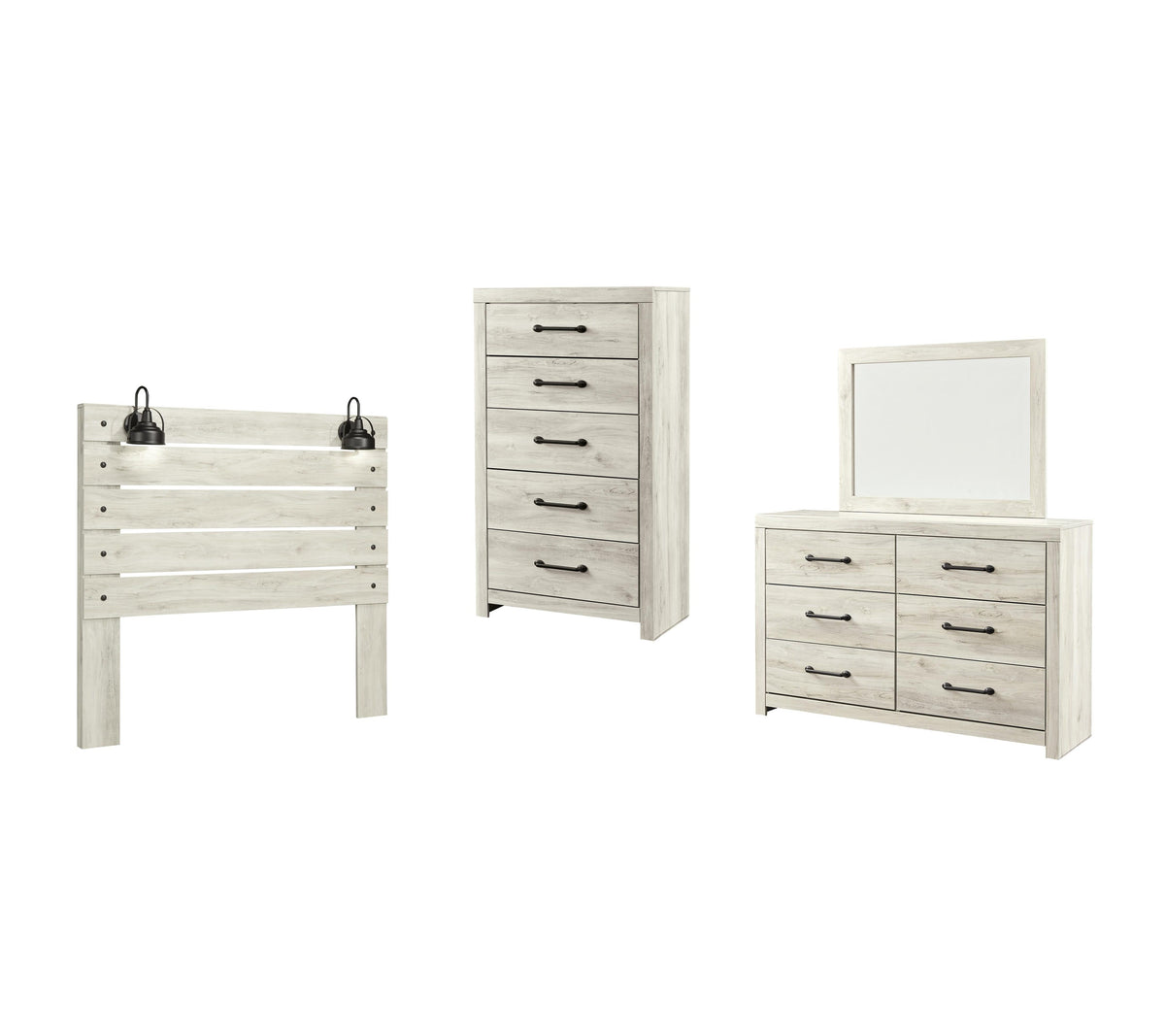 Averly Panel Headboard with Mirrored Dresser and Chest