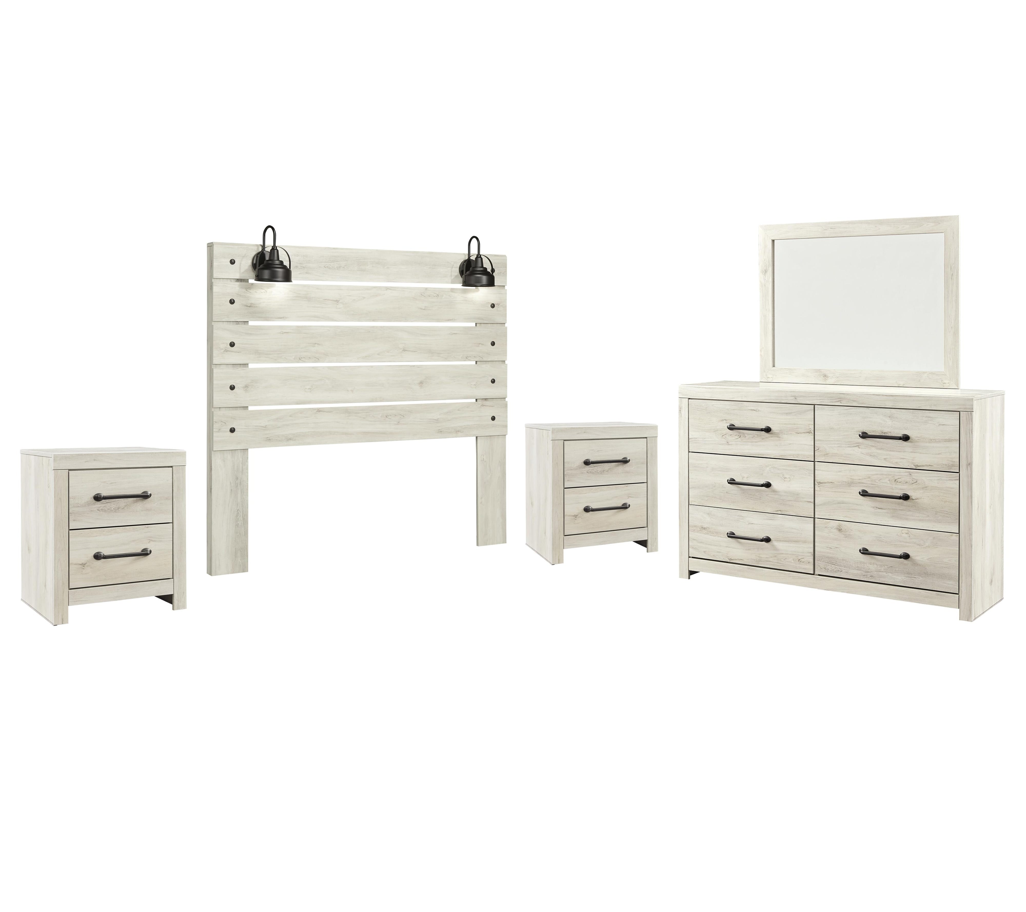 Cambeck Panel Headboard with Mirrored Dresser and 2 Nightstands