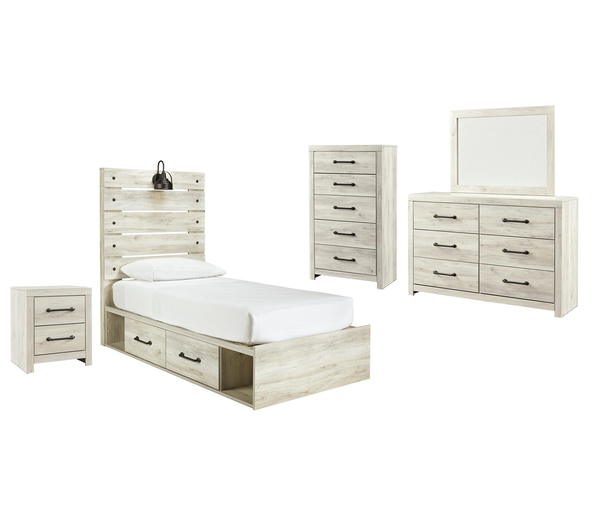 Cambeck Panel Bed with 2 Storage Drawers with Mirrored Dresser, Chest and Nightstand