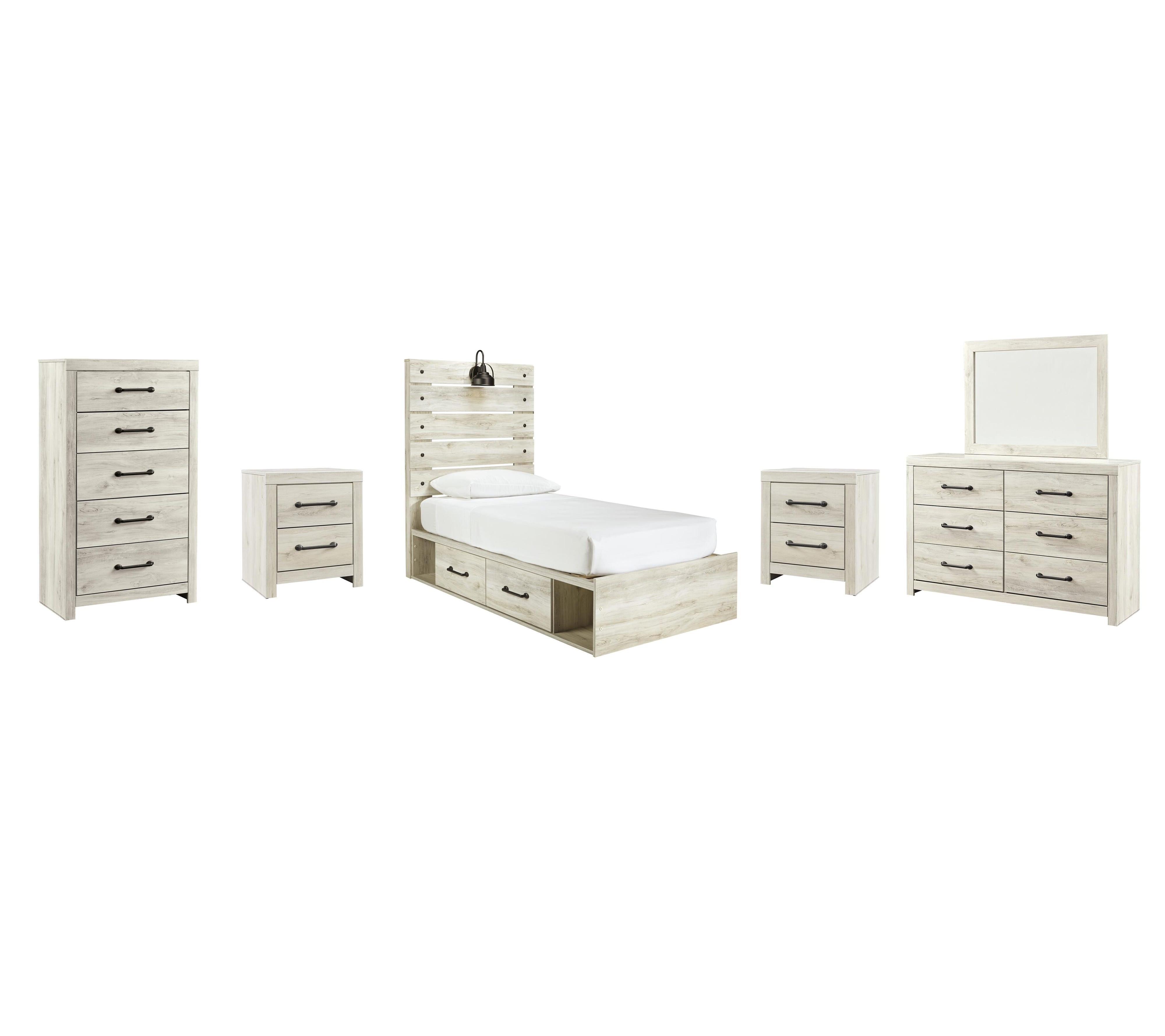 Cambeck Panel Bed with 2 Storage Drawers with Mirrored Dresser, Chest and 2 Nightstands