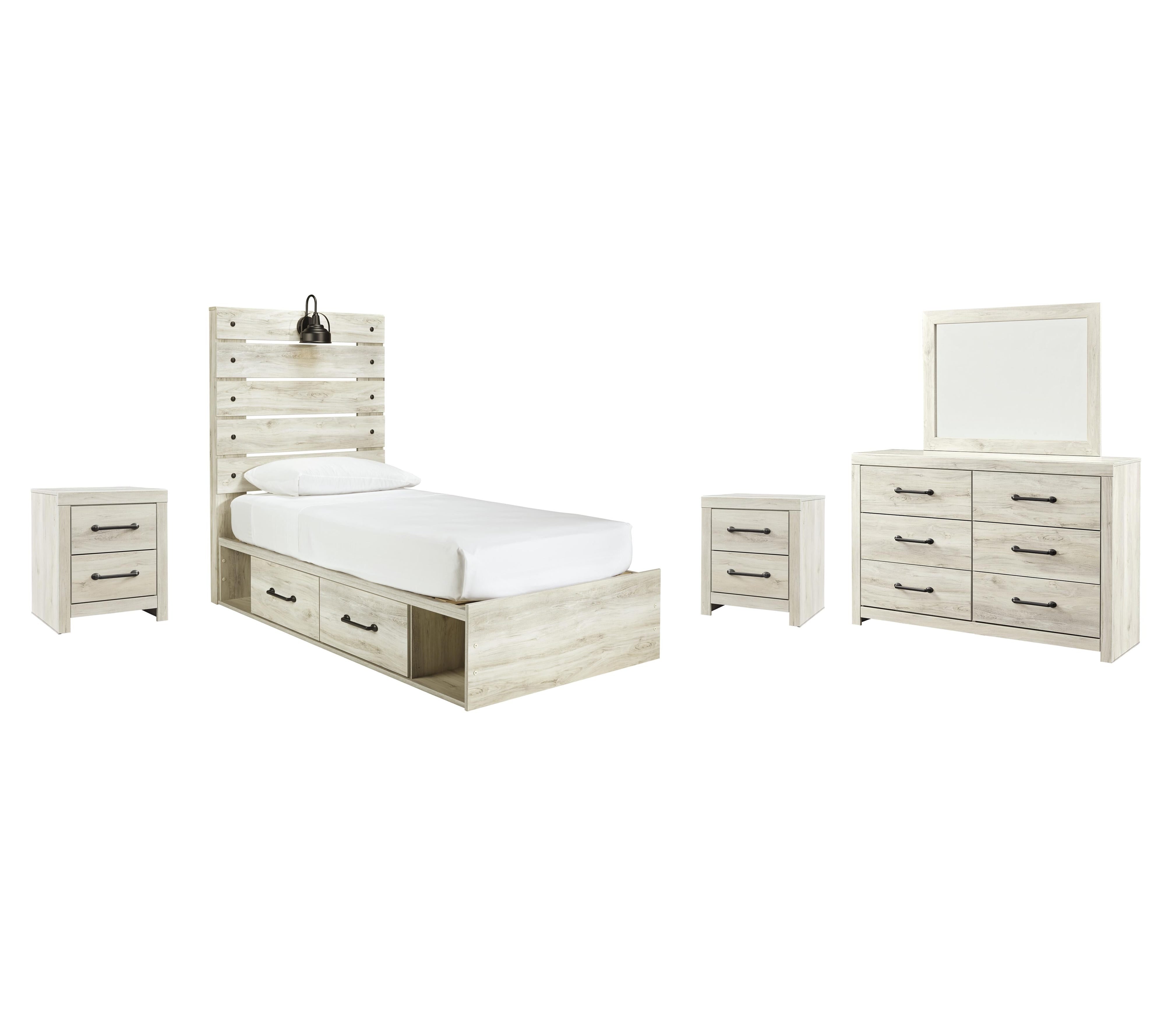 Cambeck Panel Bed with 2 Storage Drawers with Mirrored Dresser and 2 Nightstands