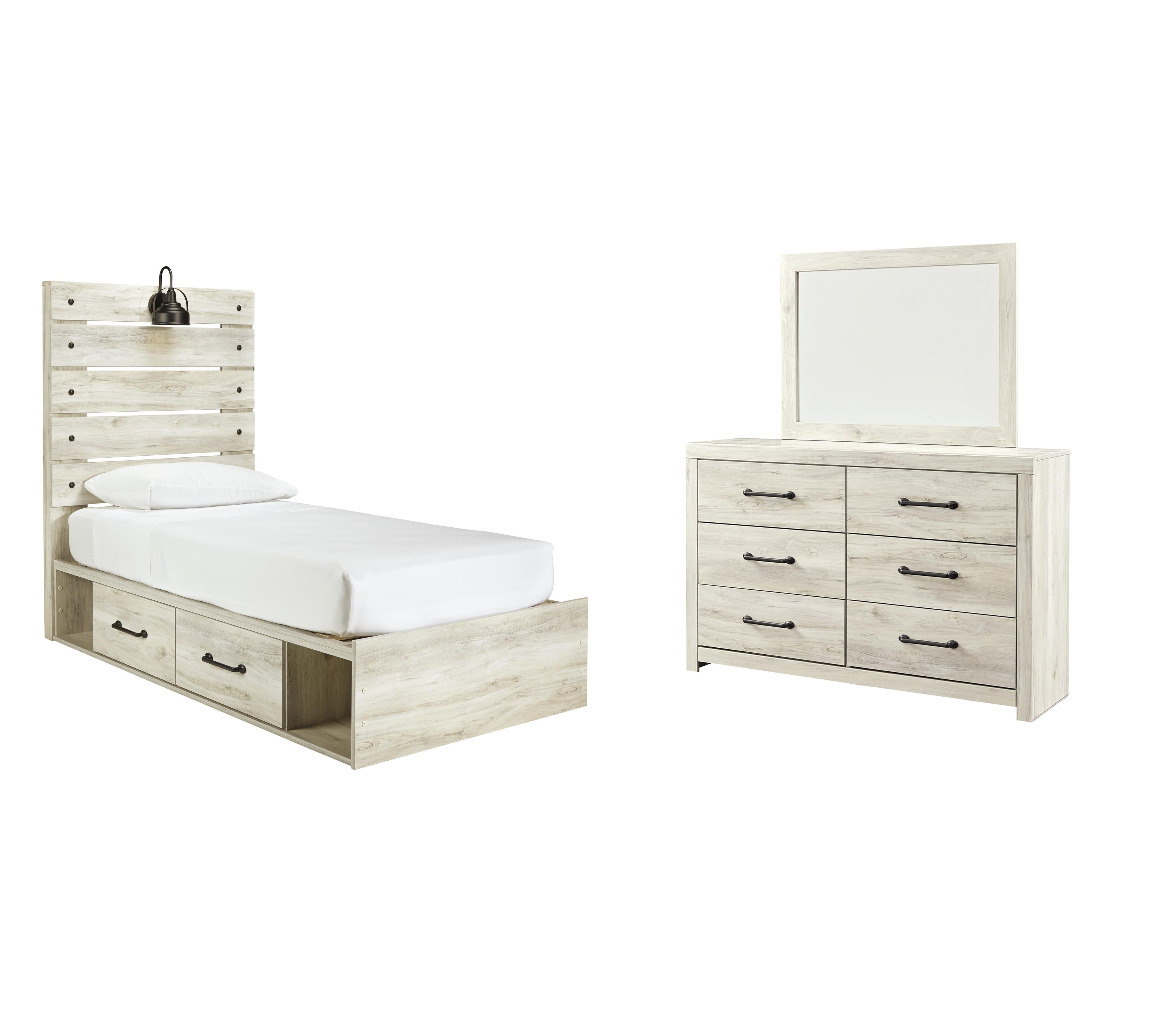 Cambeck Panel Bed with 2 Storage Drawers with Mirrored Dresser