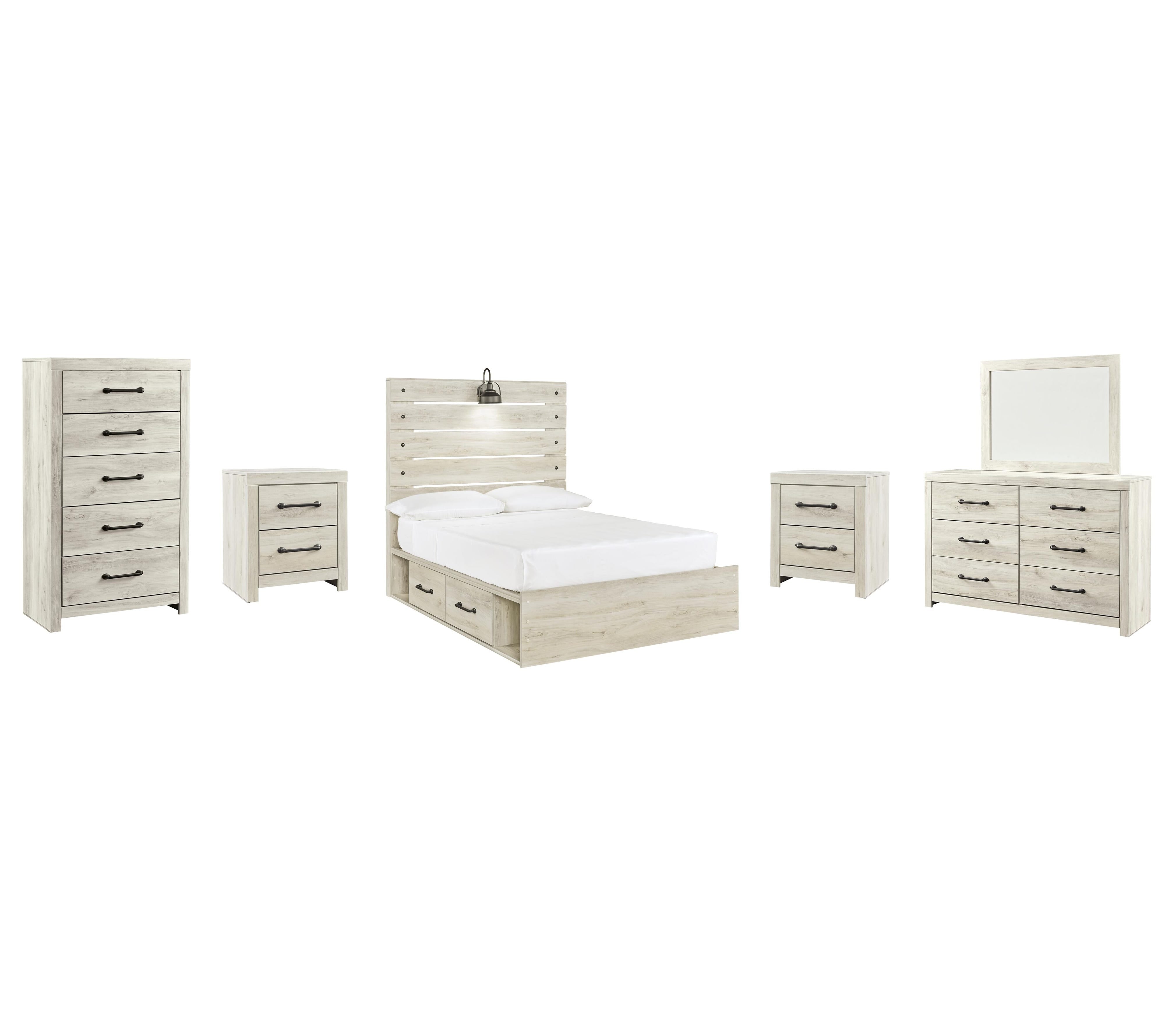 Cambeck Panel Bed with 2 Storage Drawers with Mirrored Dresser, Chest and 2 Nightstands