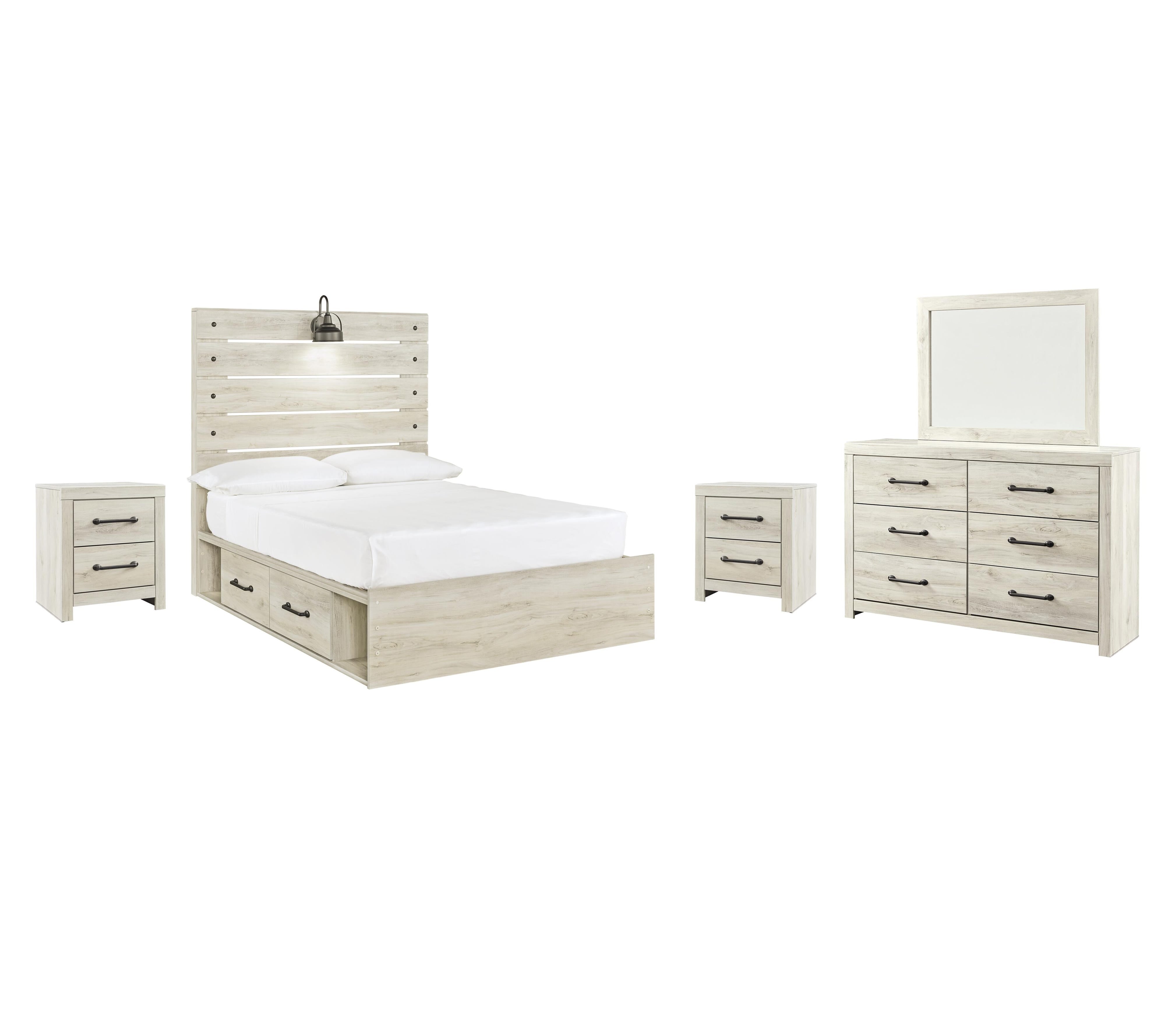 Cambeck Panel Bed with 2 Storage Drawers with Mirrored Dresser and 2 Nightstands