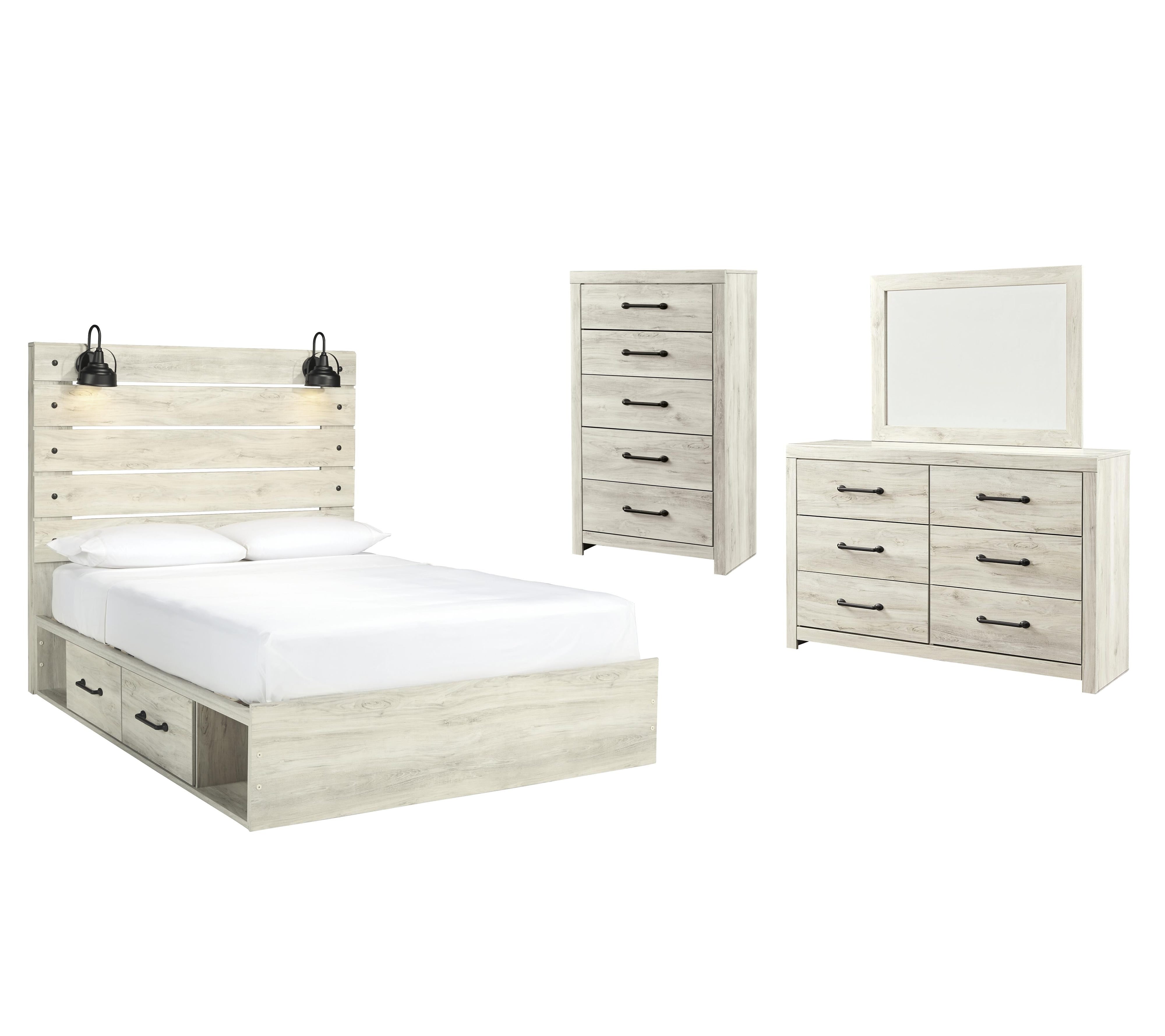 Cambeck Panel Bed with 2 Storage Drawers with Mirrored Dresser and Chest