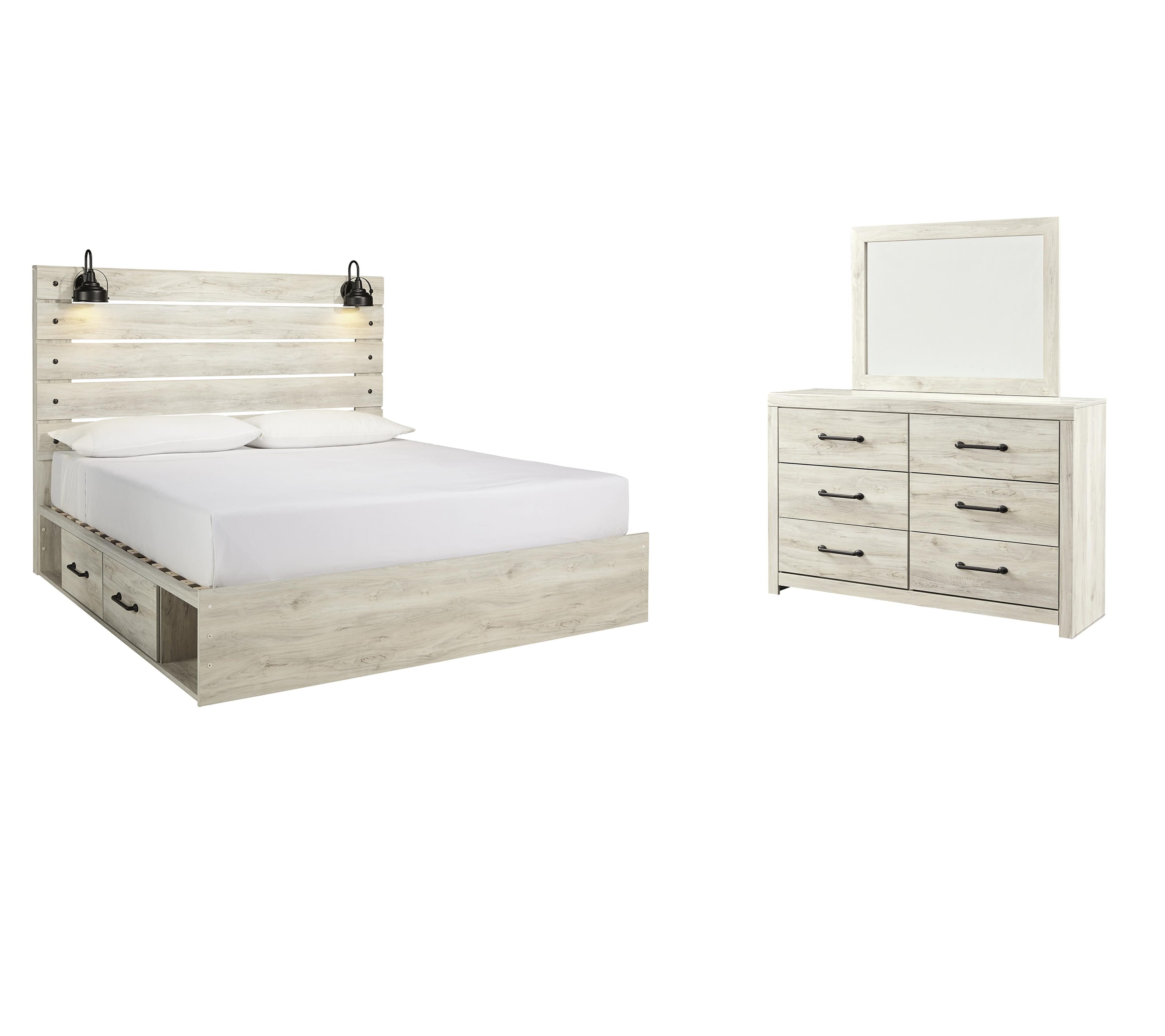 Cambeck Panel Bed with 2 Storage Drawers with Mirrored Dresser