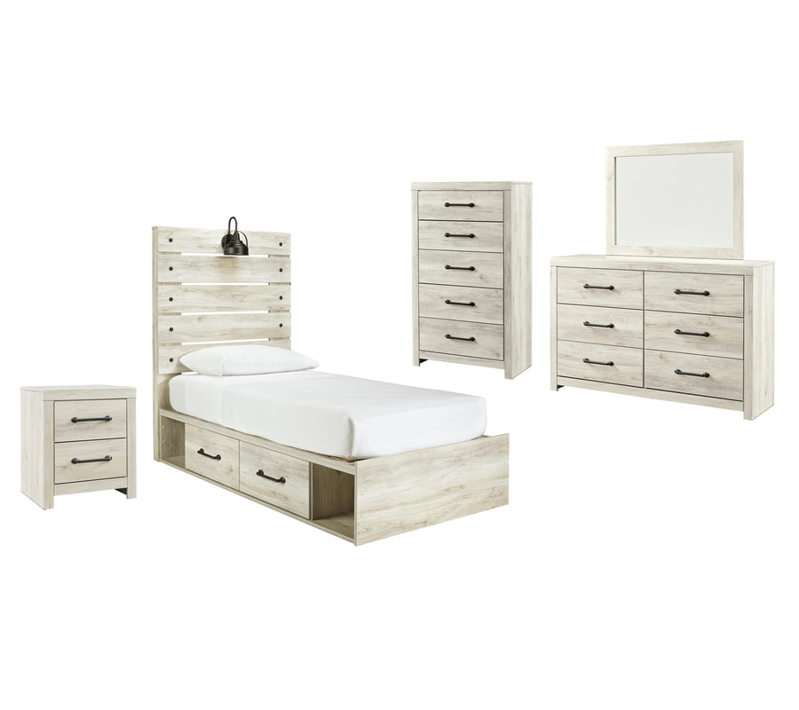 Cambeck Panel Bed with 4 Storage Drawers with Mirrored Dresser, Chest and Nightstand