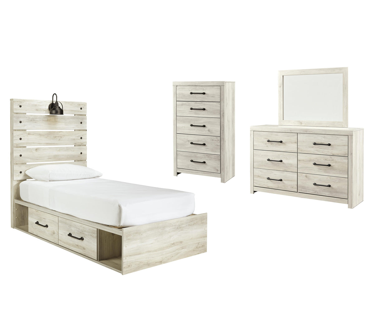 Cambeck Panel Bed with 4 Storage Drawers with Mirrored Dresser and Chest