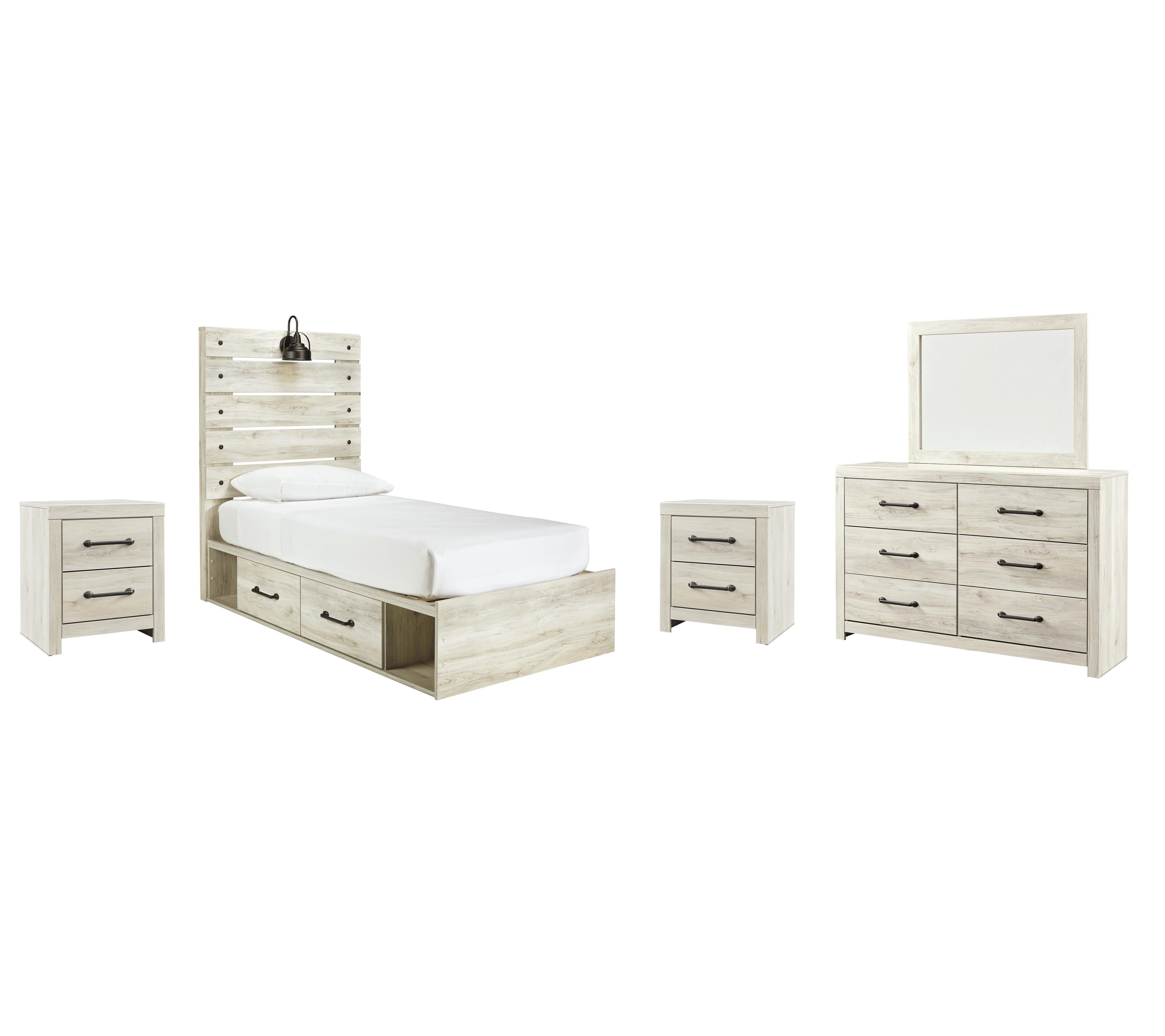 Cambeck Panel Bed with 4 Storage Drawers with Mirrored Dresser and 2 Nightstands