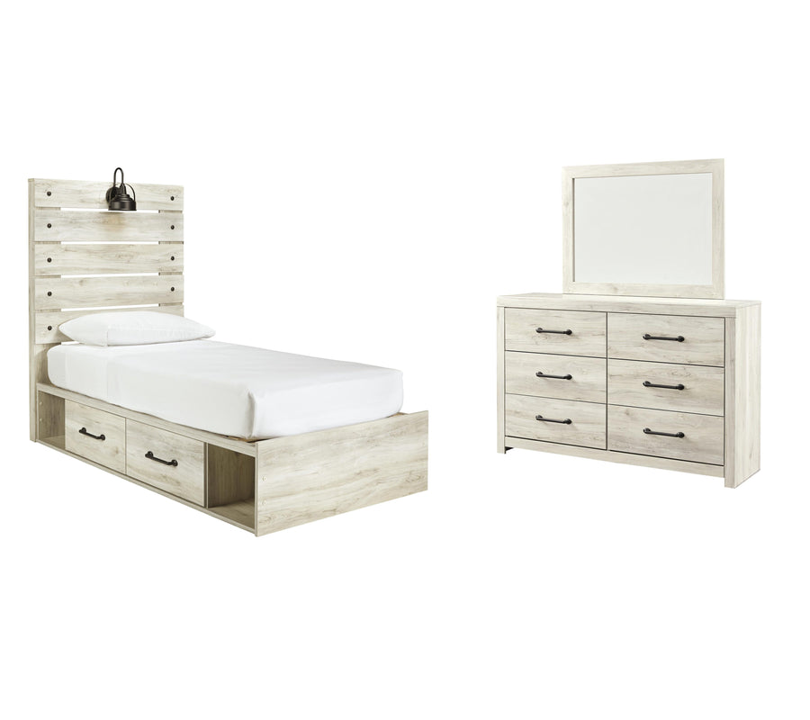 Cambeck Panel Bed with 4 Storage Drawers with Mirrored Dresser