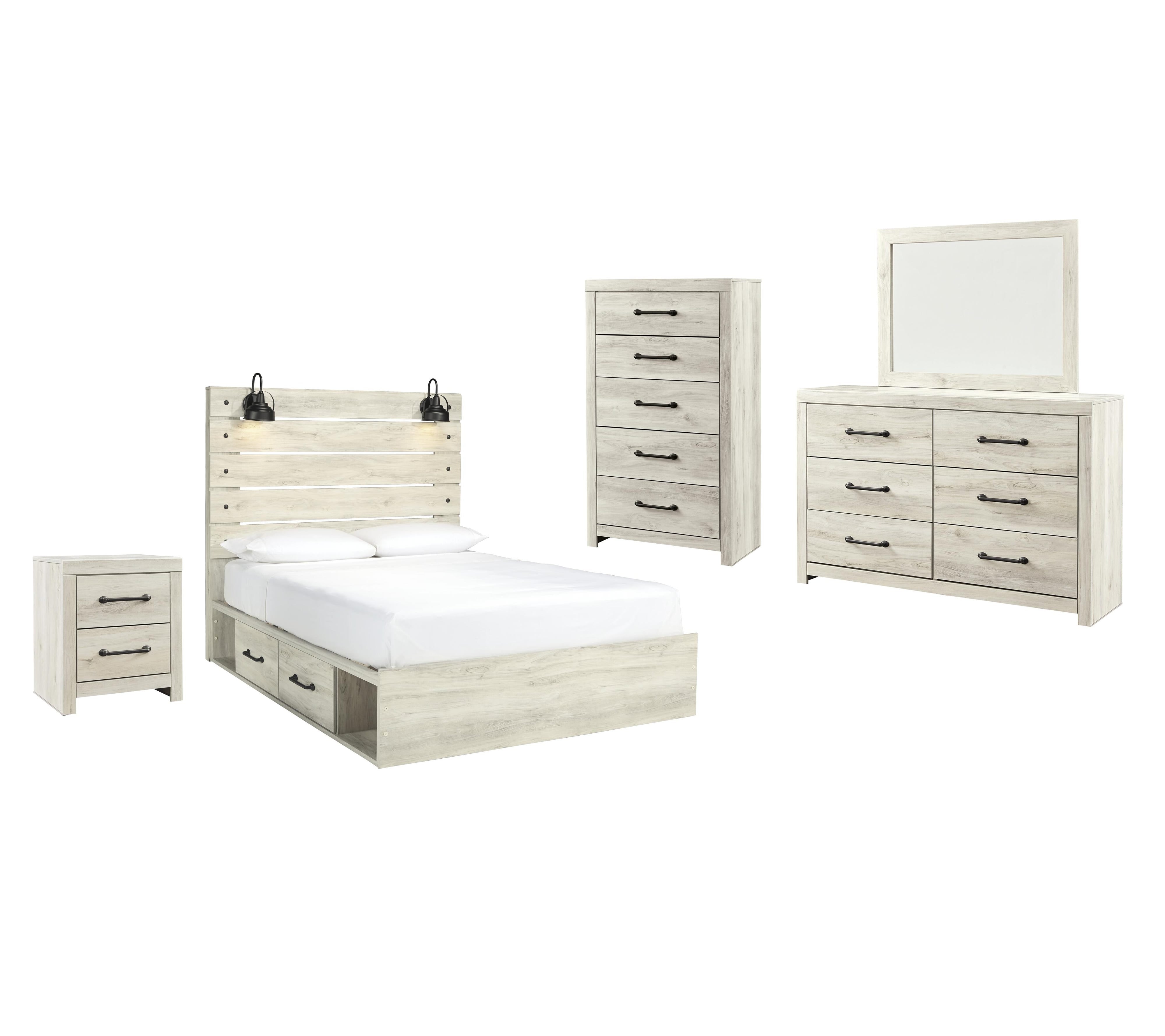 Cambeck Panel Bed with 4 Storage Drawers with Mirrored Dresser, Chest and Nightstand
