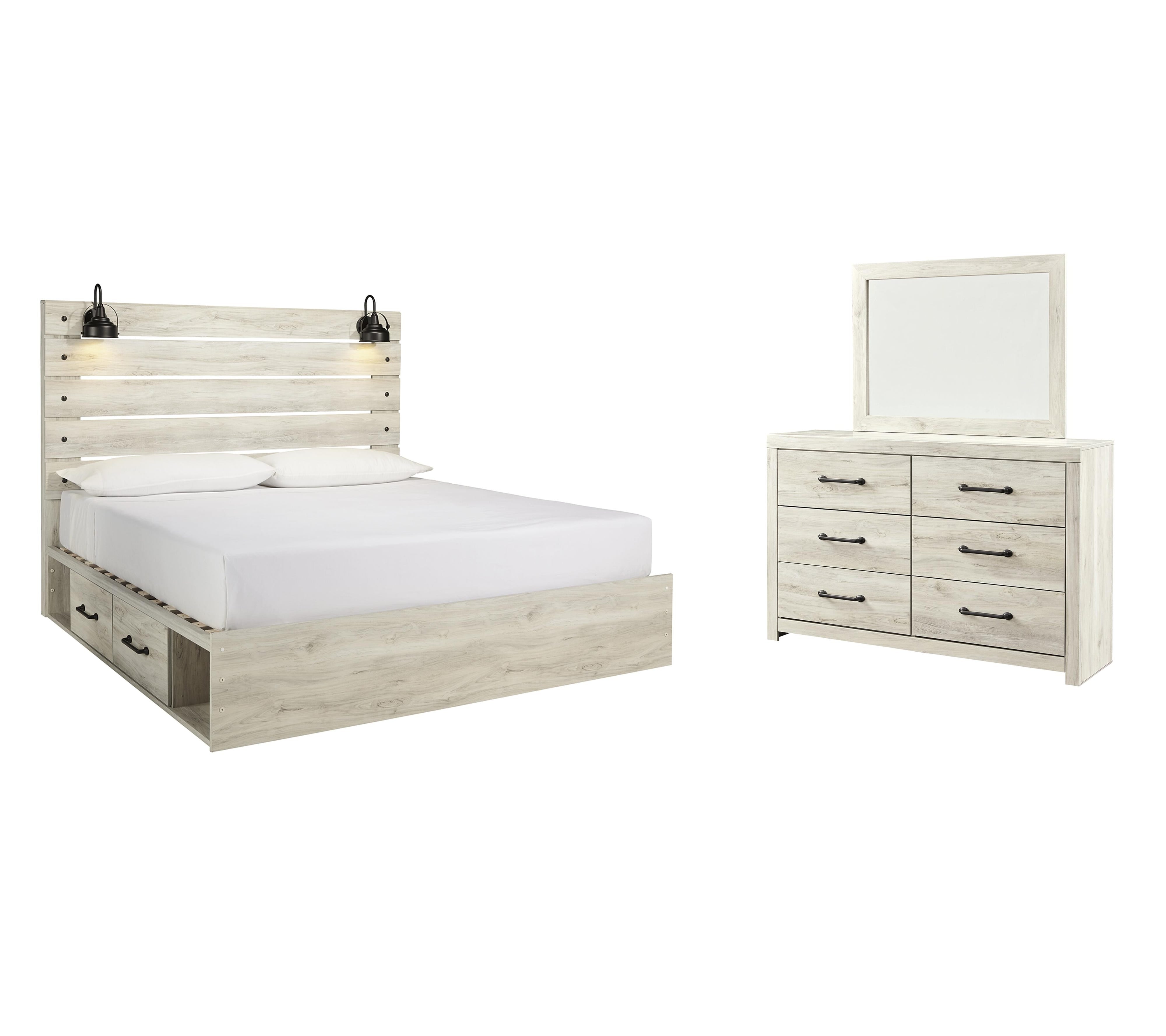 Cambeck Panel Bed with 4 Storage Drawers with Mirrored Dresser