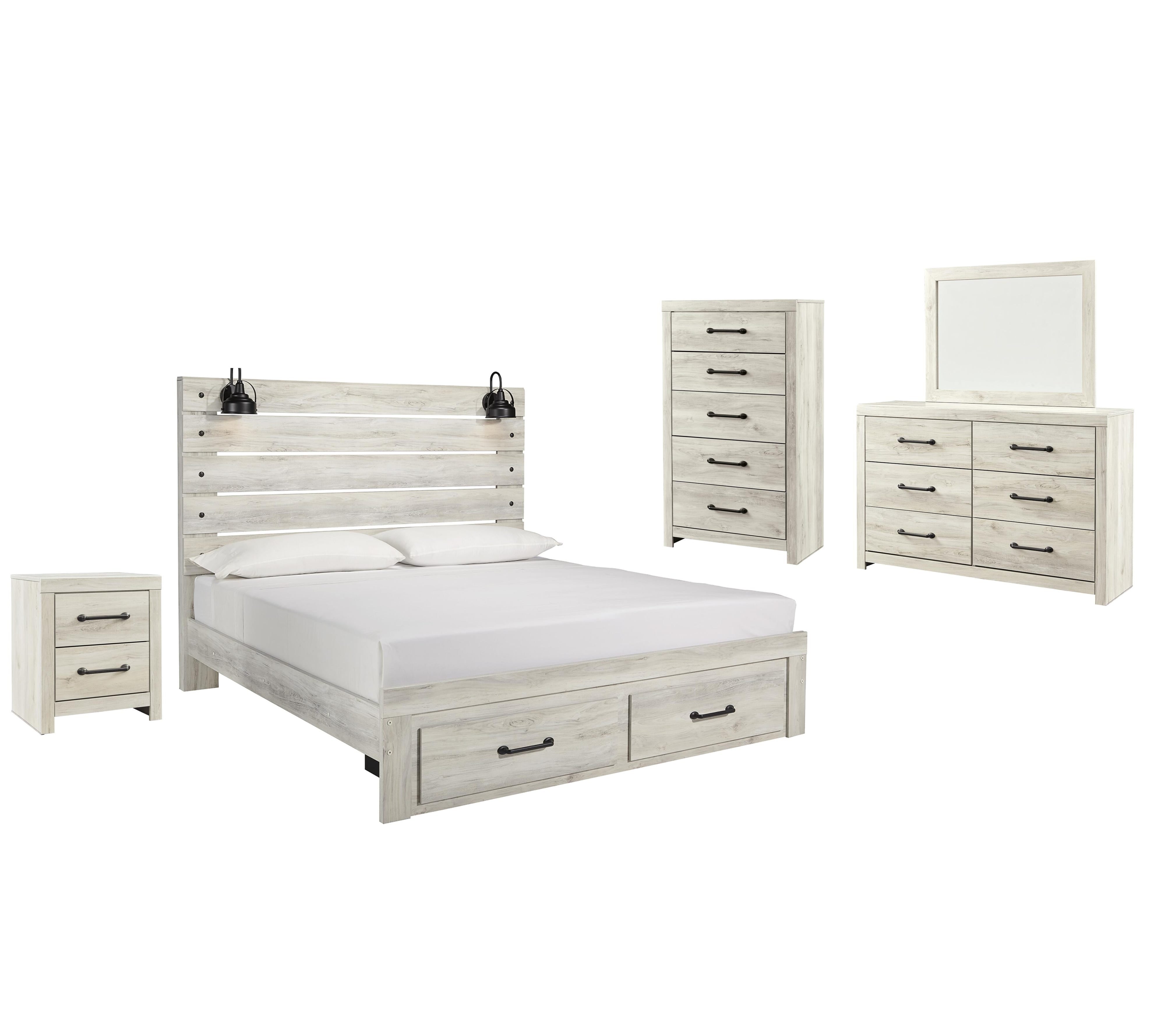 Cambeck Panel Bed with 2 Storage Drawers with Mirrored Dresser, Chest and Nightstand