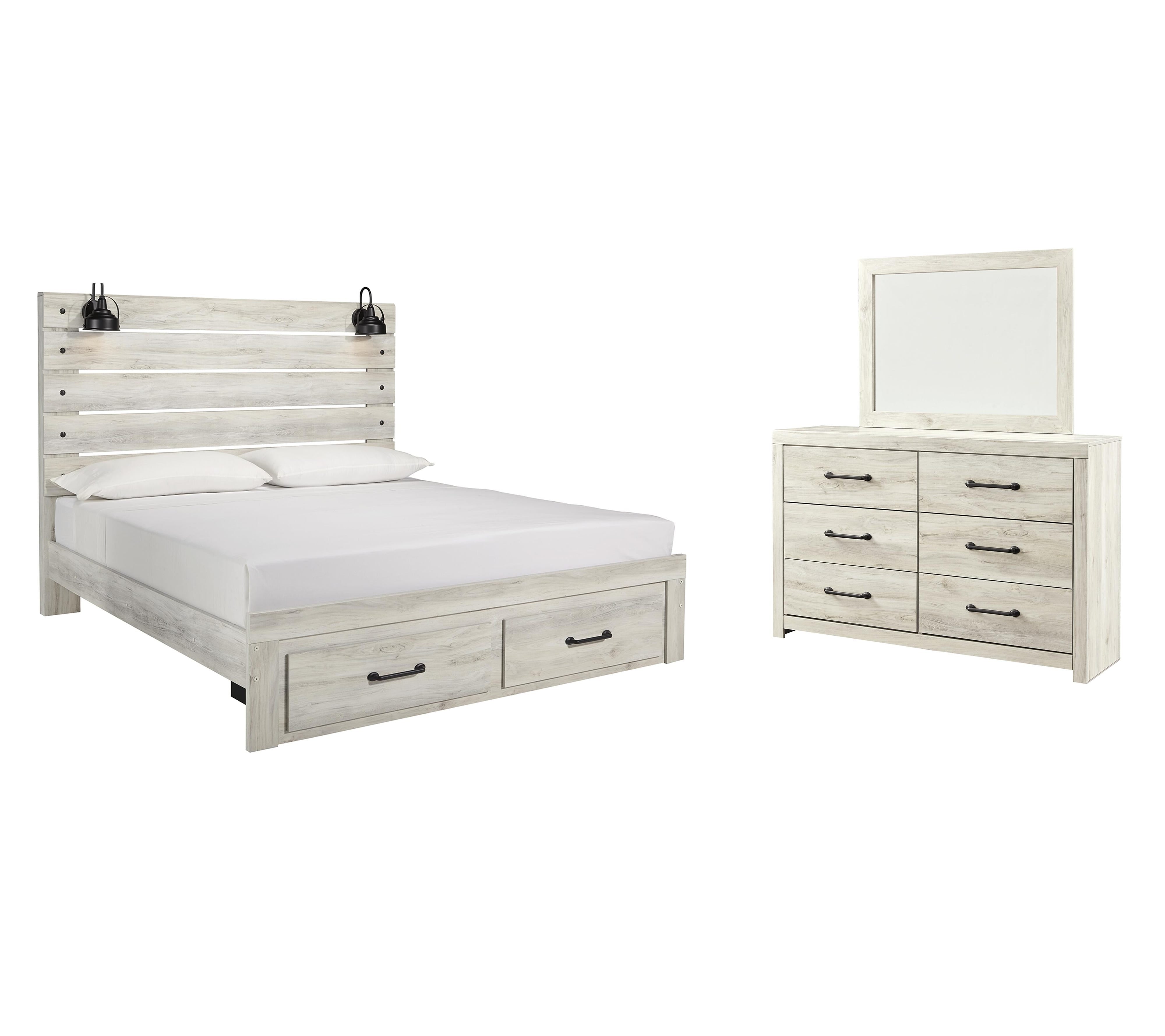 Cambeck Panel Bed with 2 Storage Drawers with Mirrored Dresser
