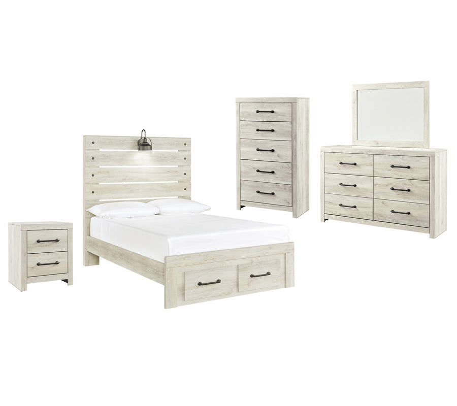 Cambeck Panel Bed with 2 Storage Drawers with Mirrored Dresser, Chest and Nightstand