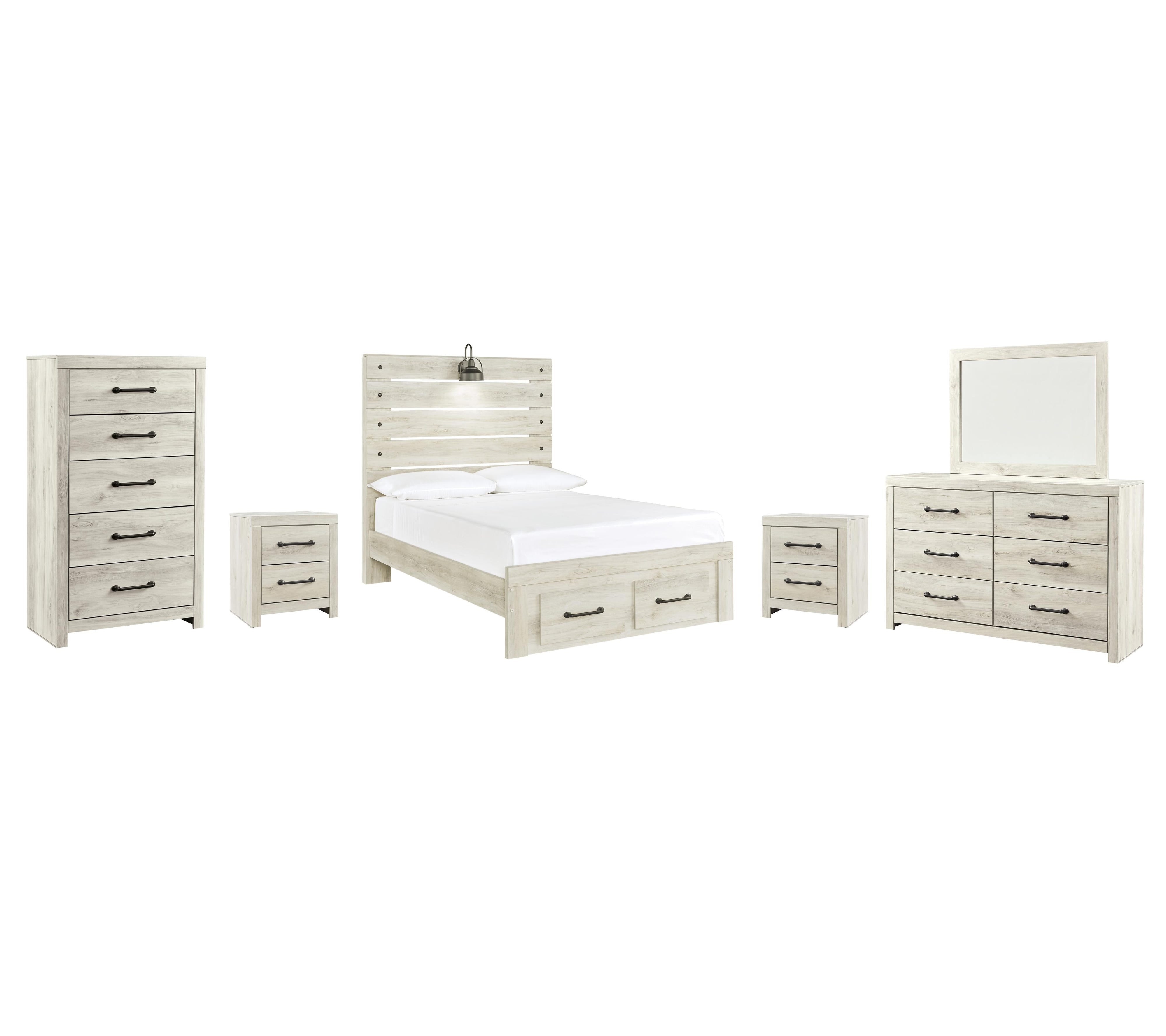 Cambeck Panel Bed with 2 Storage Drawers with Mirrored Dresser, Chest and 2 Nightstands
